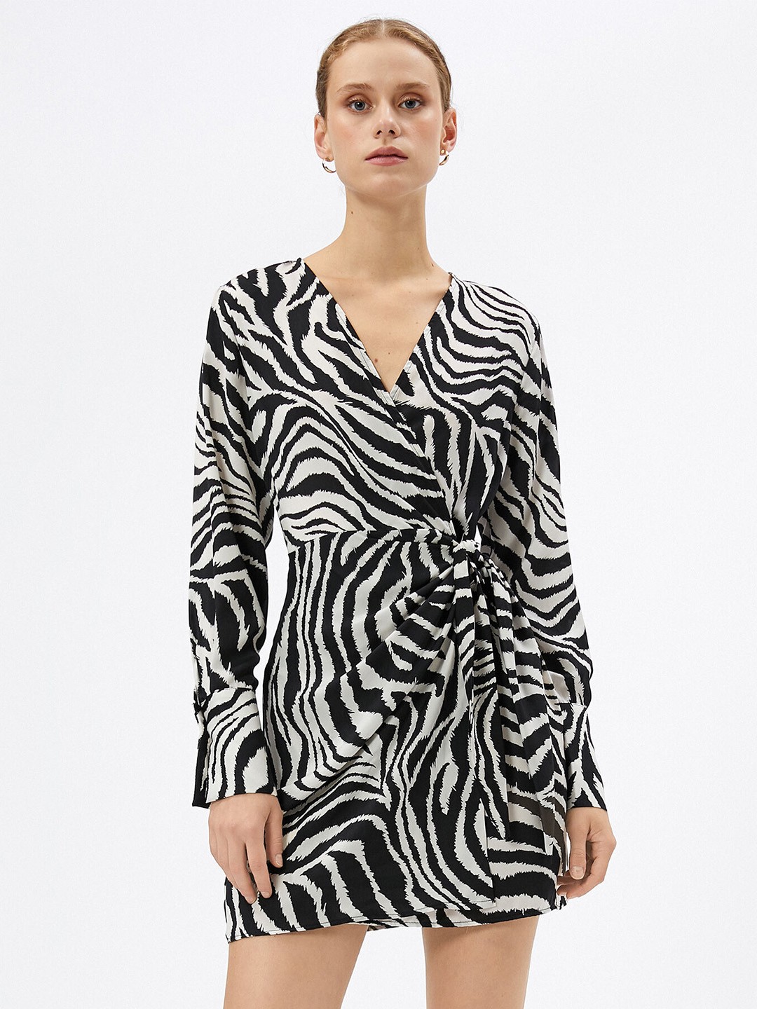 

Koton Animal Printed Cuffed Sleeve Wrap Mini Dress, Black