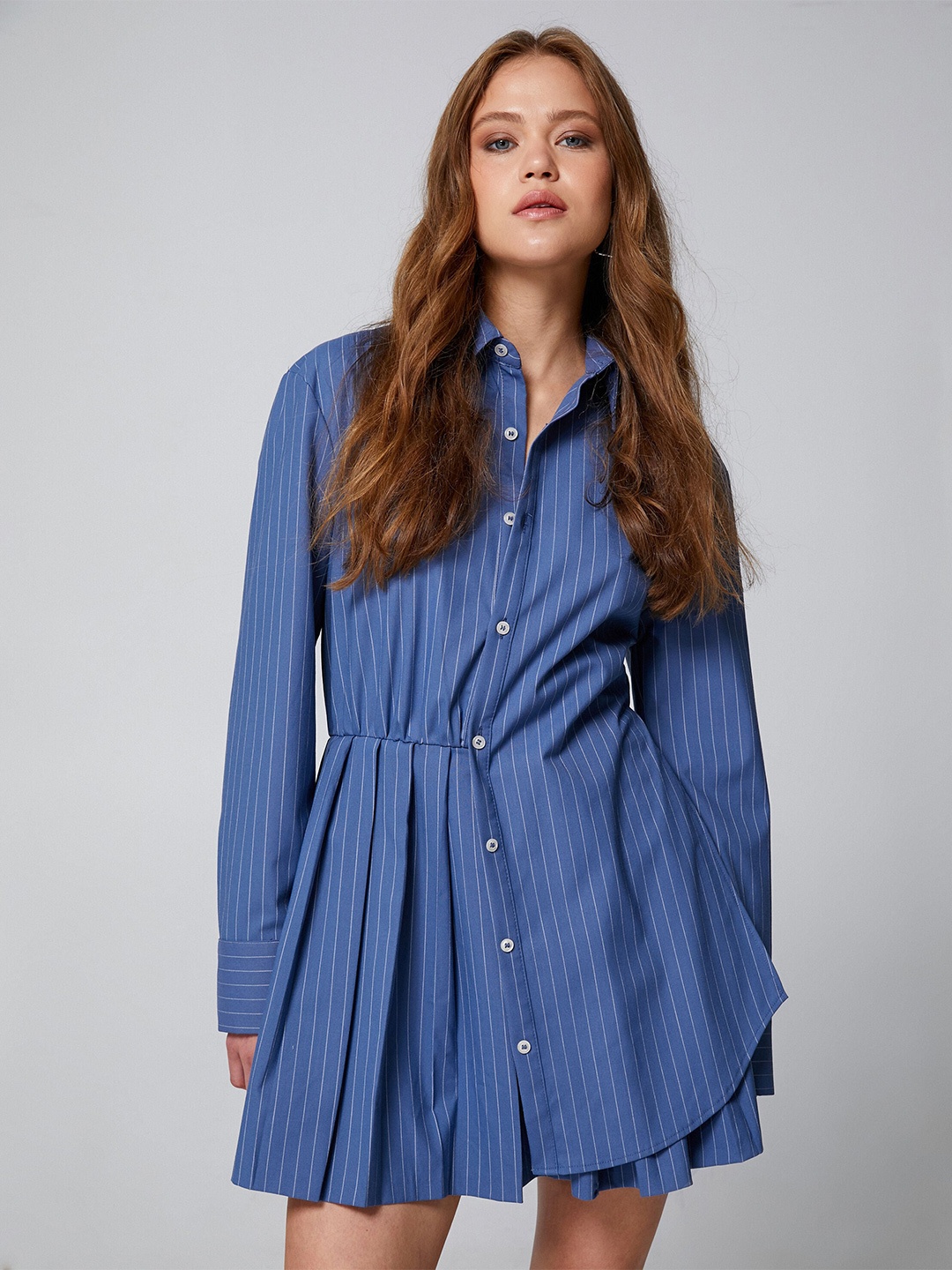 

Koton Striped Shirt Collar Pleats Detail Shirt Dress, Blue