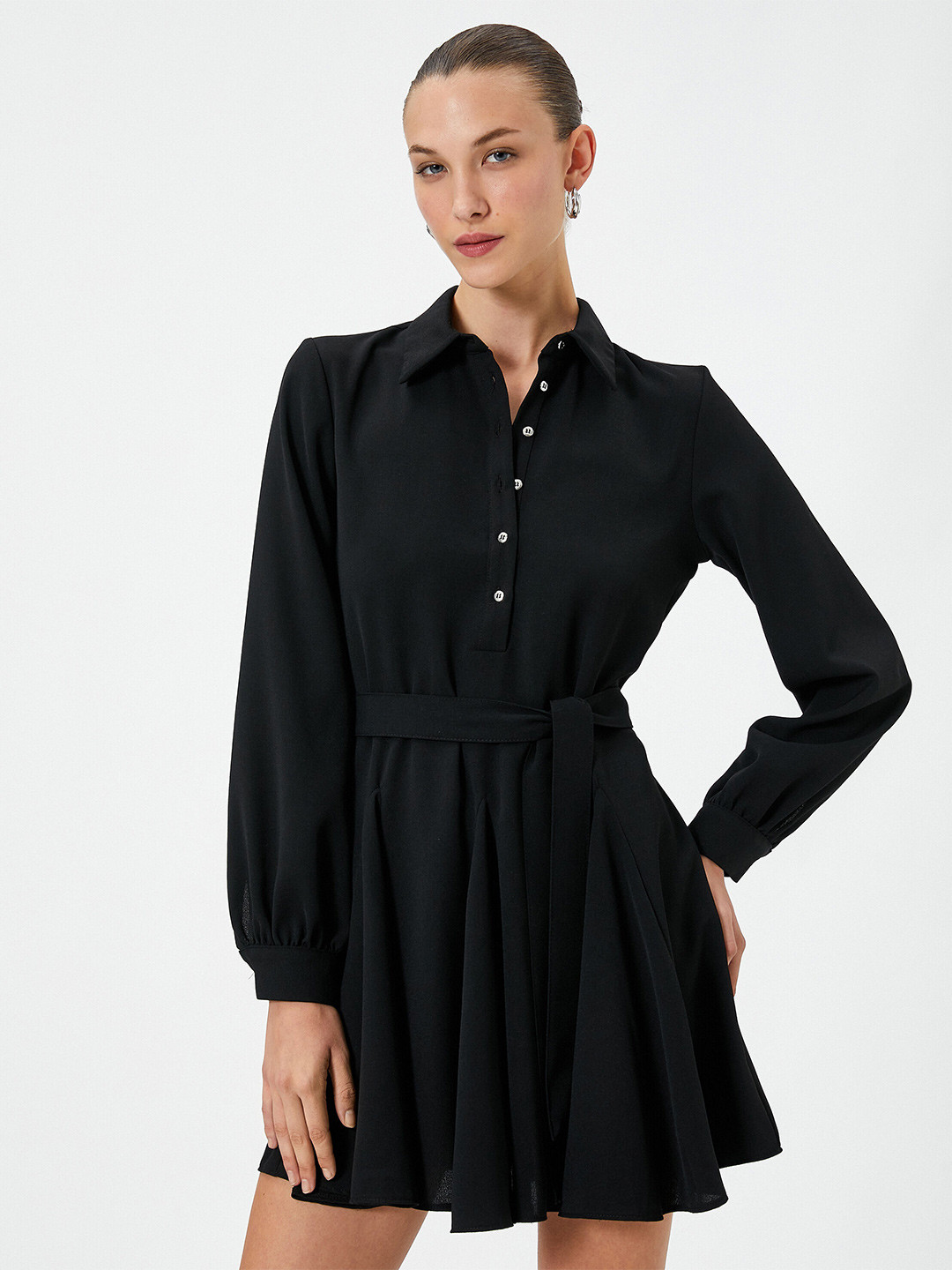 

Koton Shirt Collar Cuffed Sleeves Waist Tie Up Shirt Style Dress, Black
