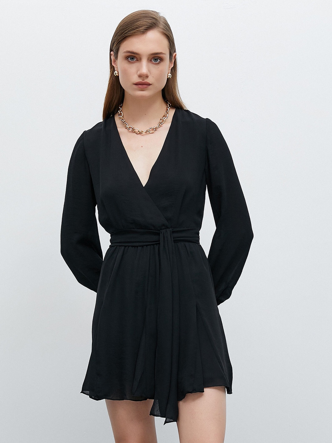

Koton V-Neck Waist Tie Ups Wrap Style Dress, Black