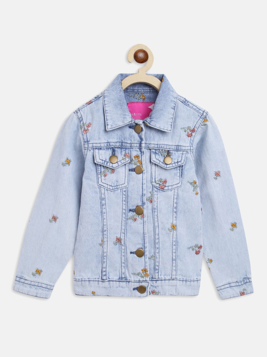

TALES & STORIES Girls Floral Embroidered Cotton Denim Jacket, Blue