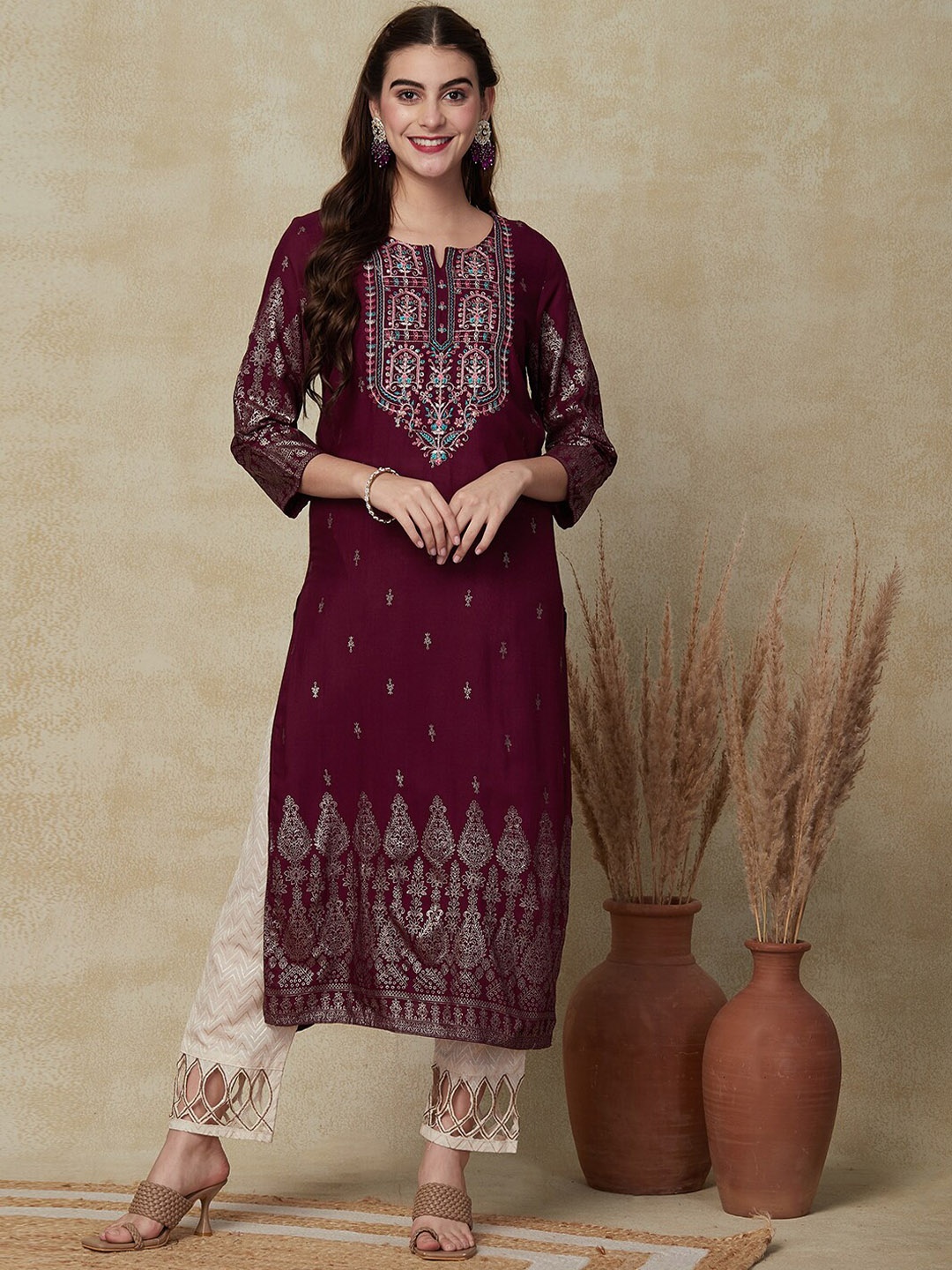 

FASHOR Ethnic Motifs Printed Kurta, Mauve
