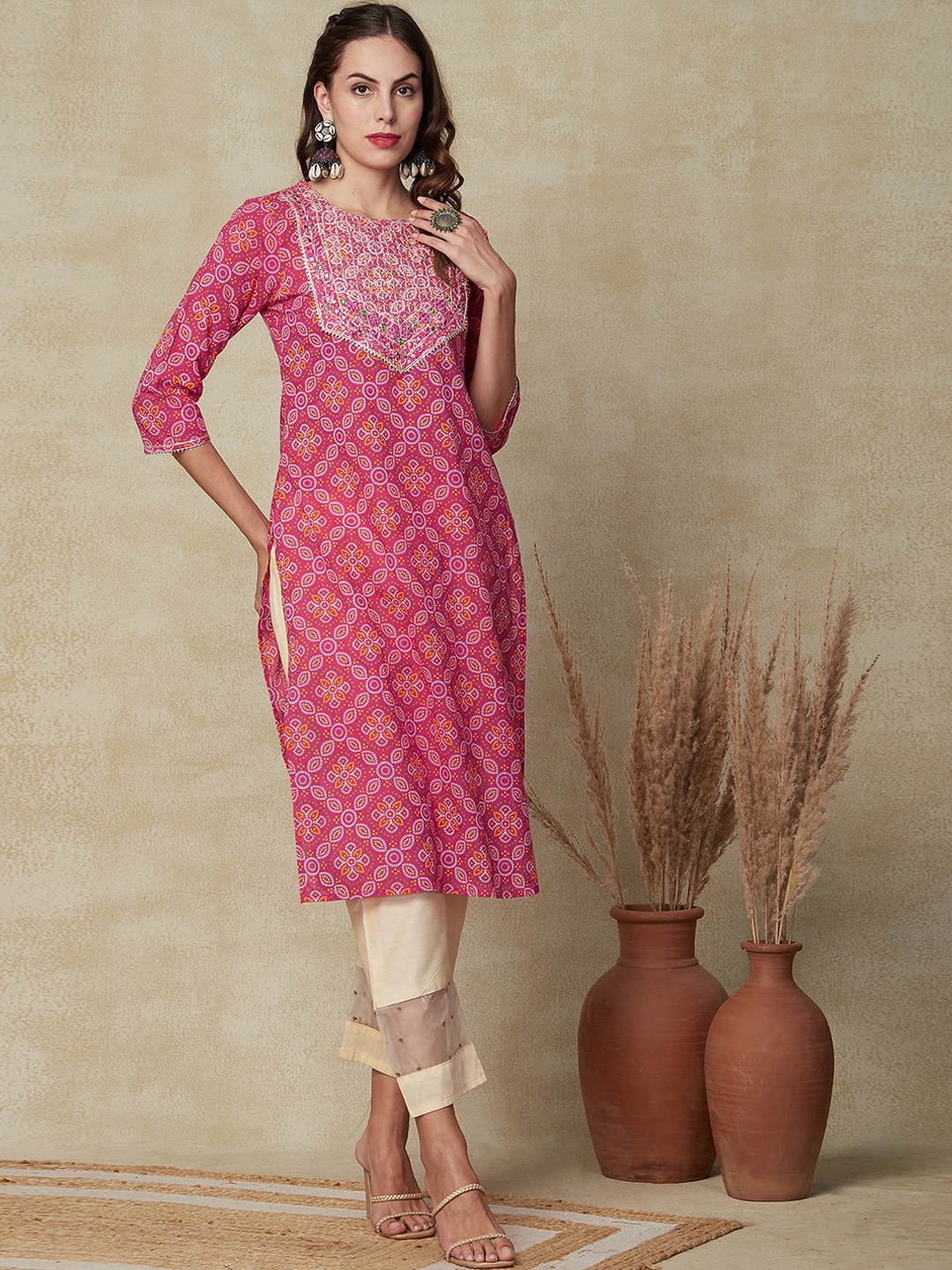 

FASHOR Ethnic Motifs Printed Kurta, Pink