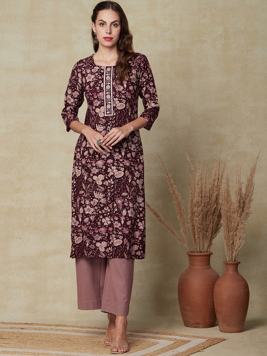 

FASHOR Floral Printed Mirror Work Straight Kurta, Burgundy