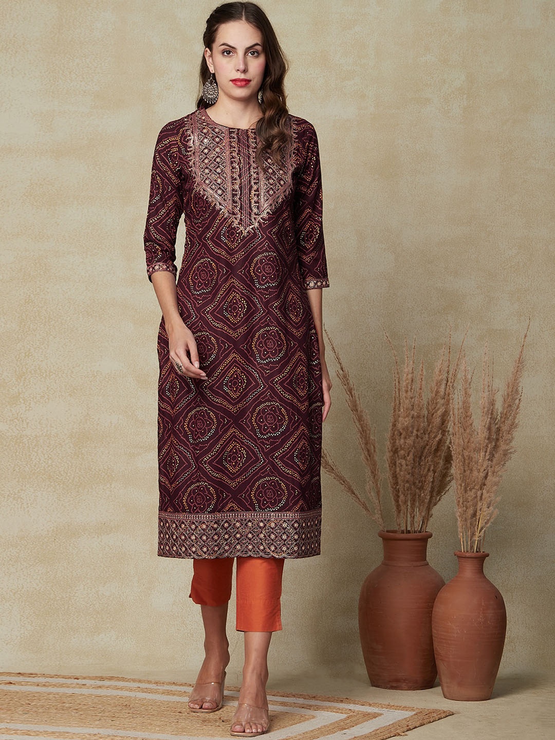 

FASHOR Ethnic Motifs Printed Kurta, Brown