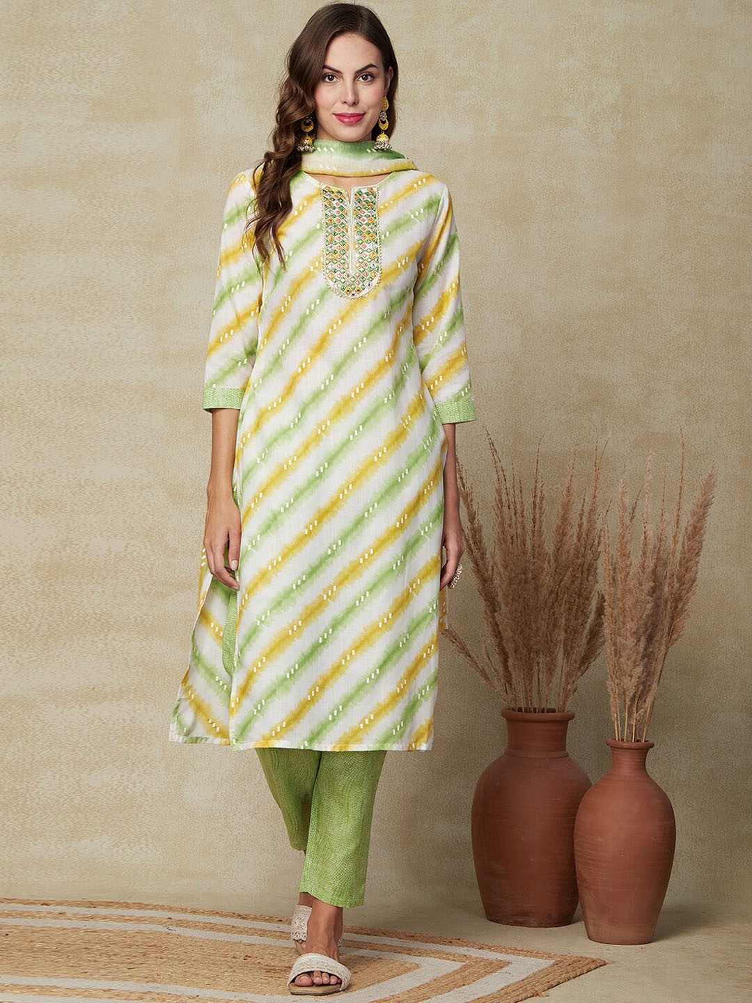 

FASHOR Leheriya Printed Regular Mirror Work Pure Cotton Kurta With Trousers & Dupatta, Lime green