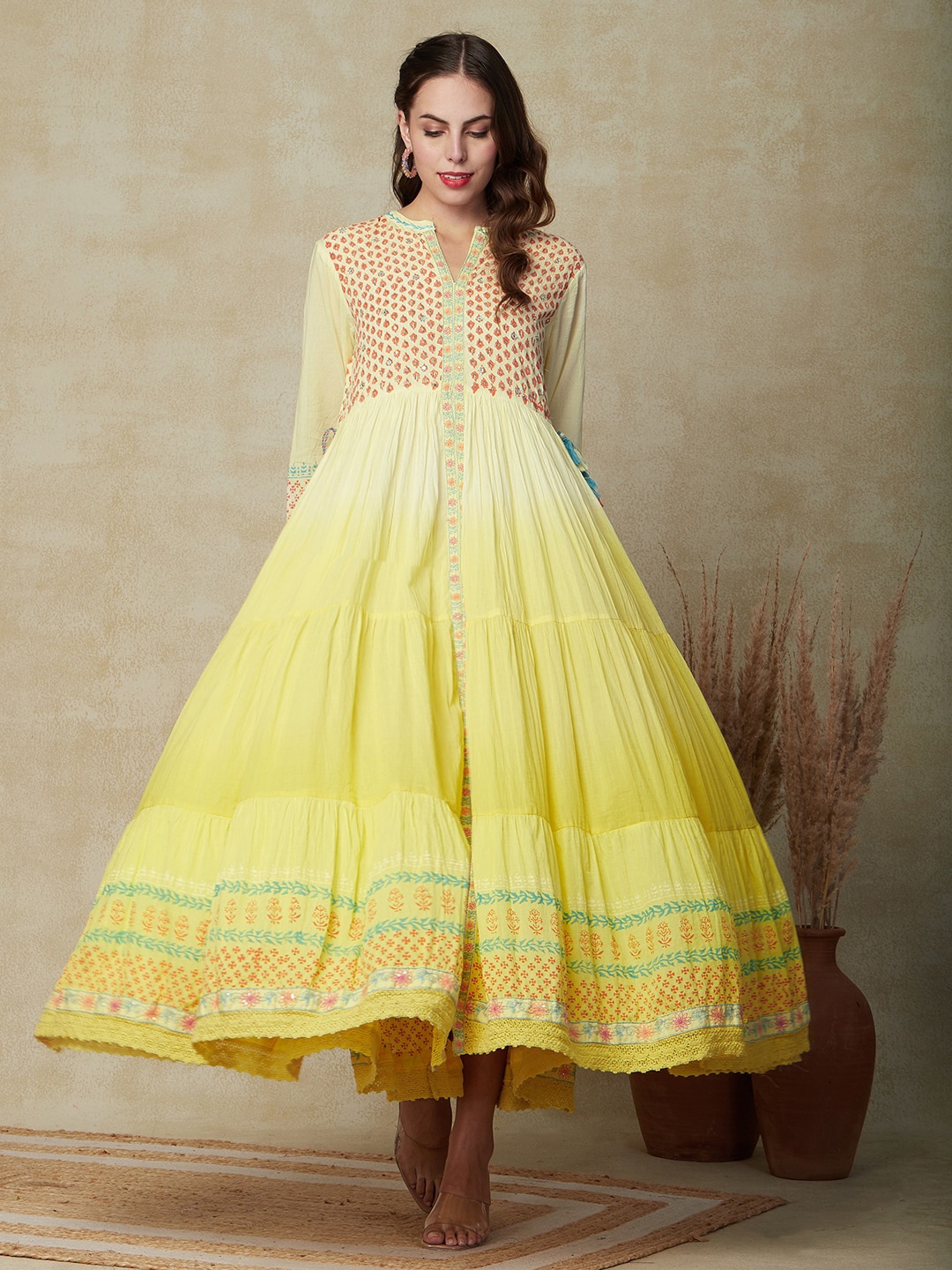 

FASHOR Floral Embroidered Mirror Work Fit & Flare Maxi Ethnic Dress, Yellow