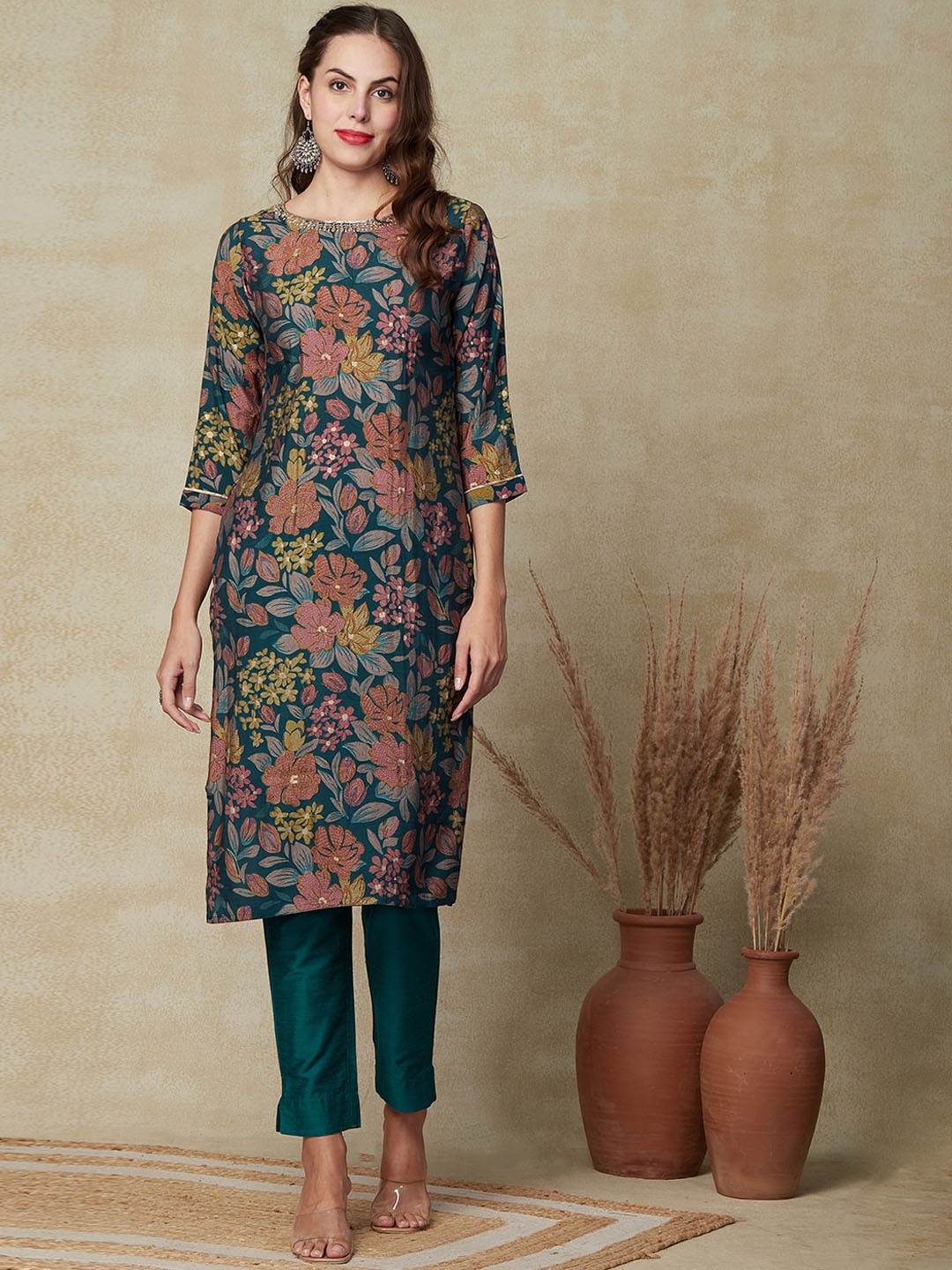 

FASHOR Floral Printed Kurta, Blue