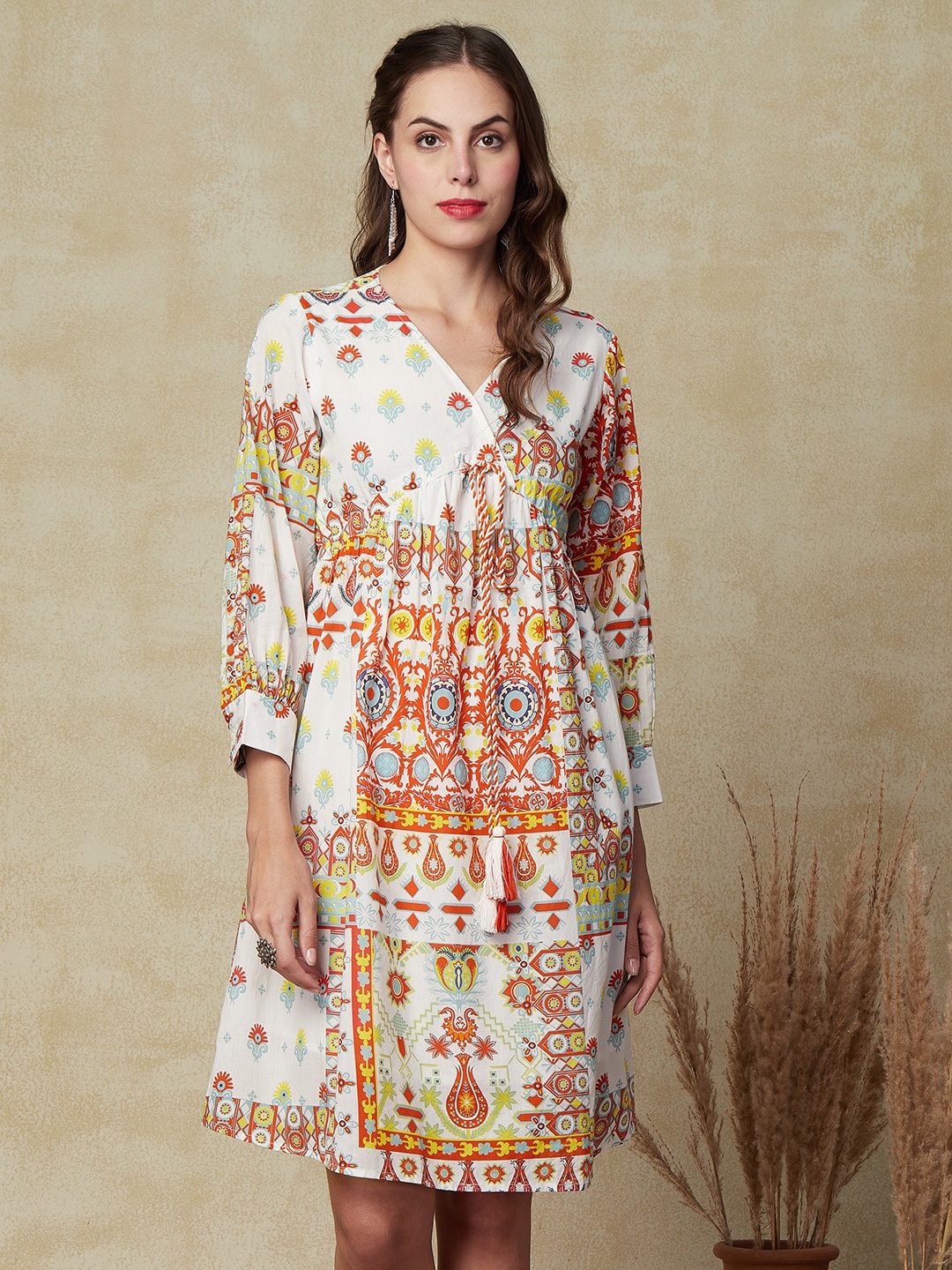 

FASHOR Ethnic Motifs Printed A-Line Ethnic Dress, White