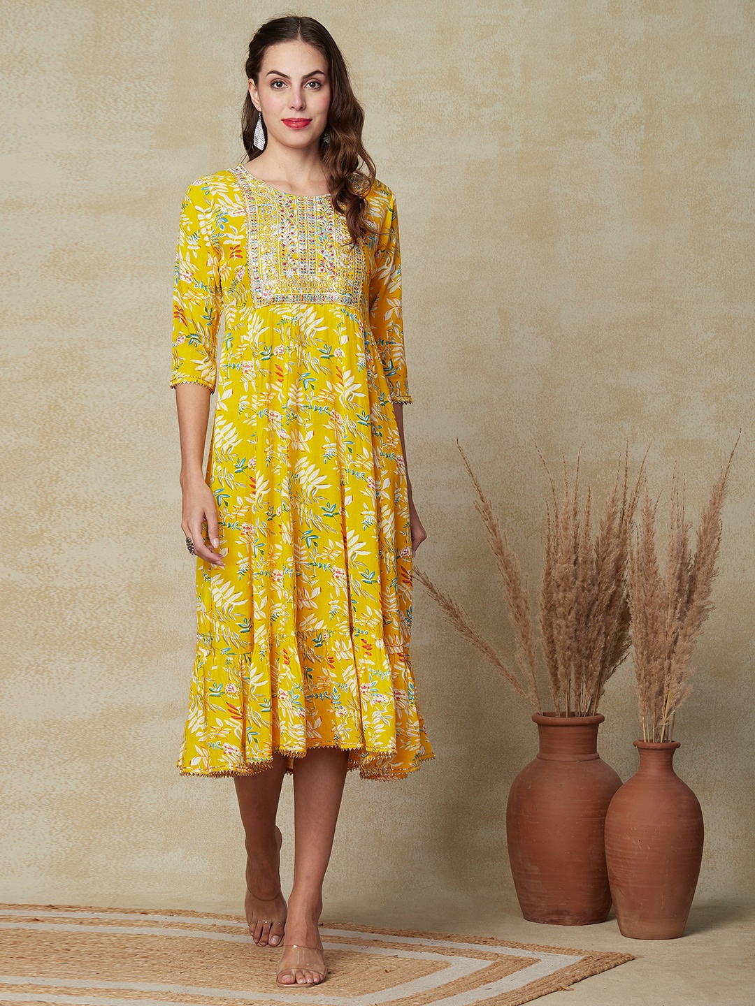 

FASHOR Floral Printed Embroidered A-Line Midi Dress, Yellow