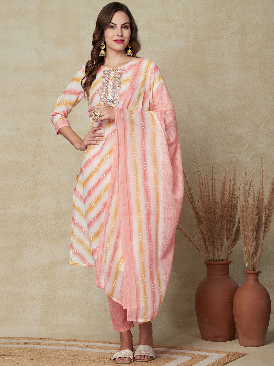

FASHOR Peach Printed Mirror Work Pure Cotton Straight Kurta & Trousers With Dupatta