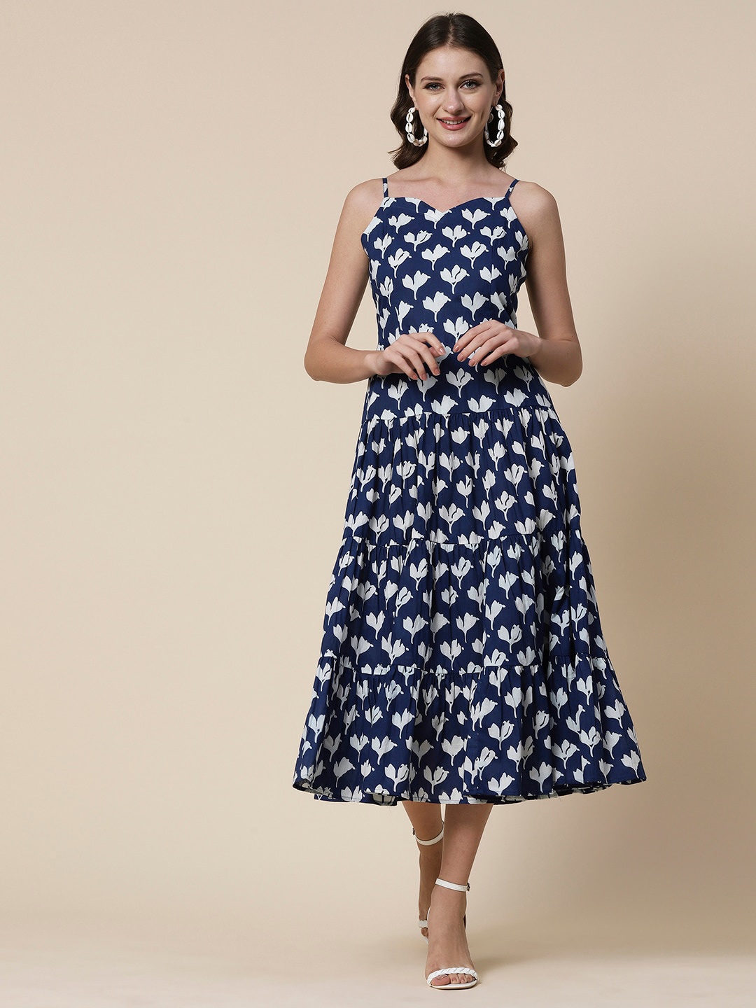 

FASHOR Floral Print Shoulder Strap Tiered Fit & Flare Cotton Midi Dress, Blue