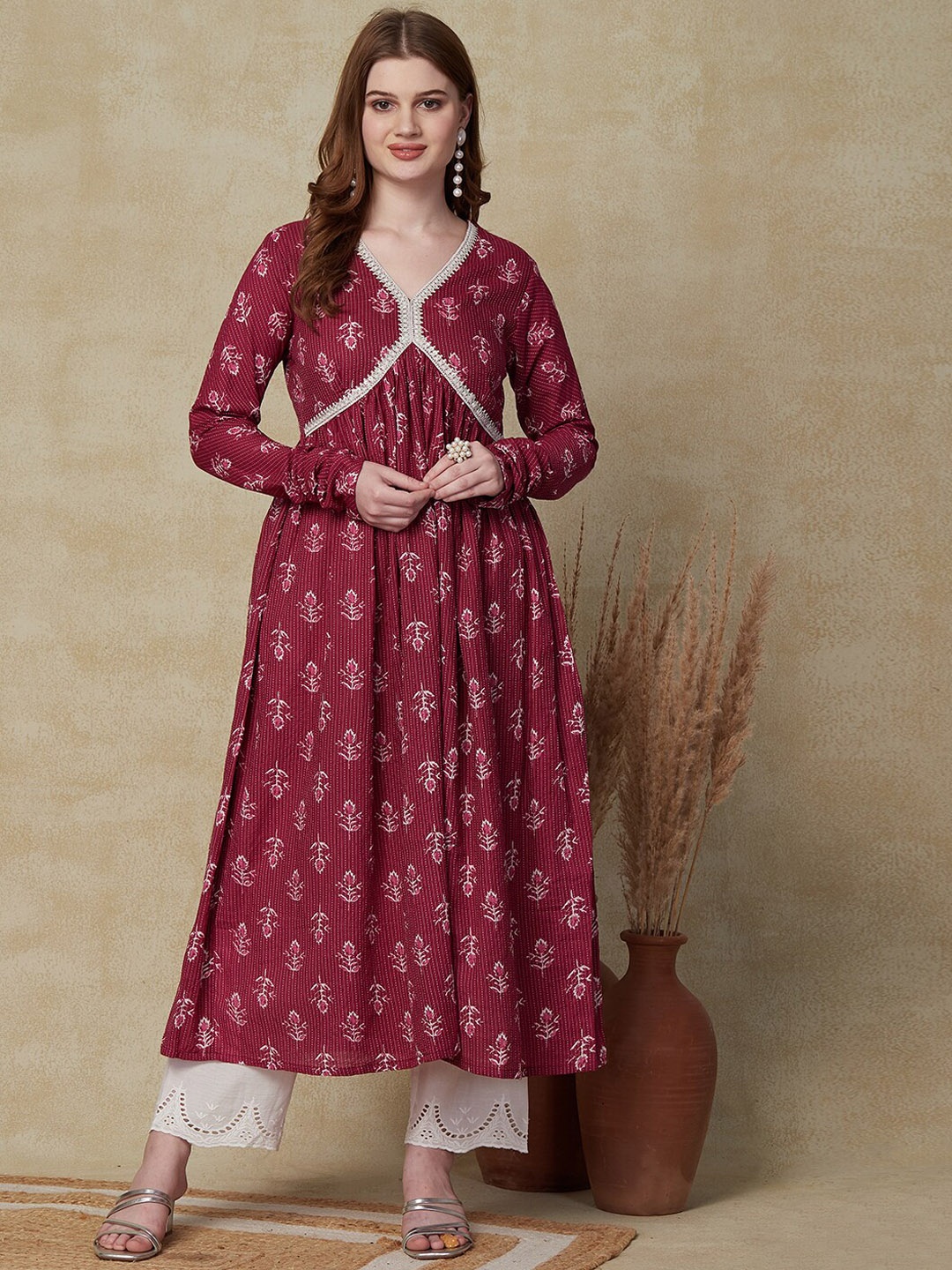 

FASHOR Floral Printed A-Line Pleated Sequinned Pure Cotton Kurta With Palazzos, Magenta