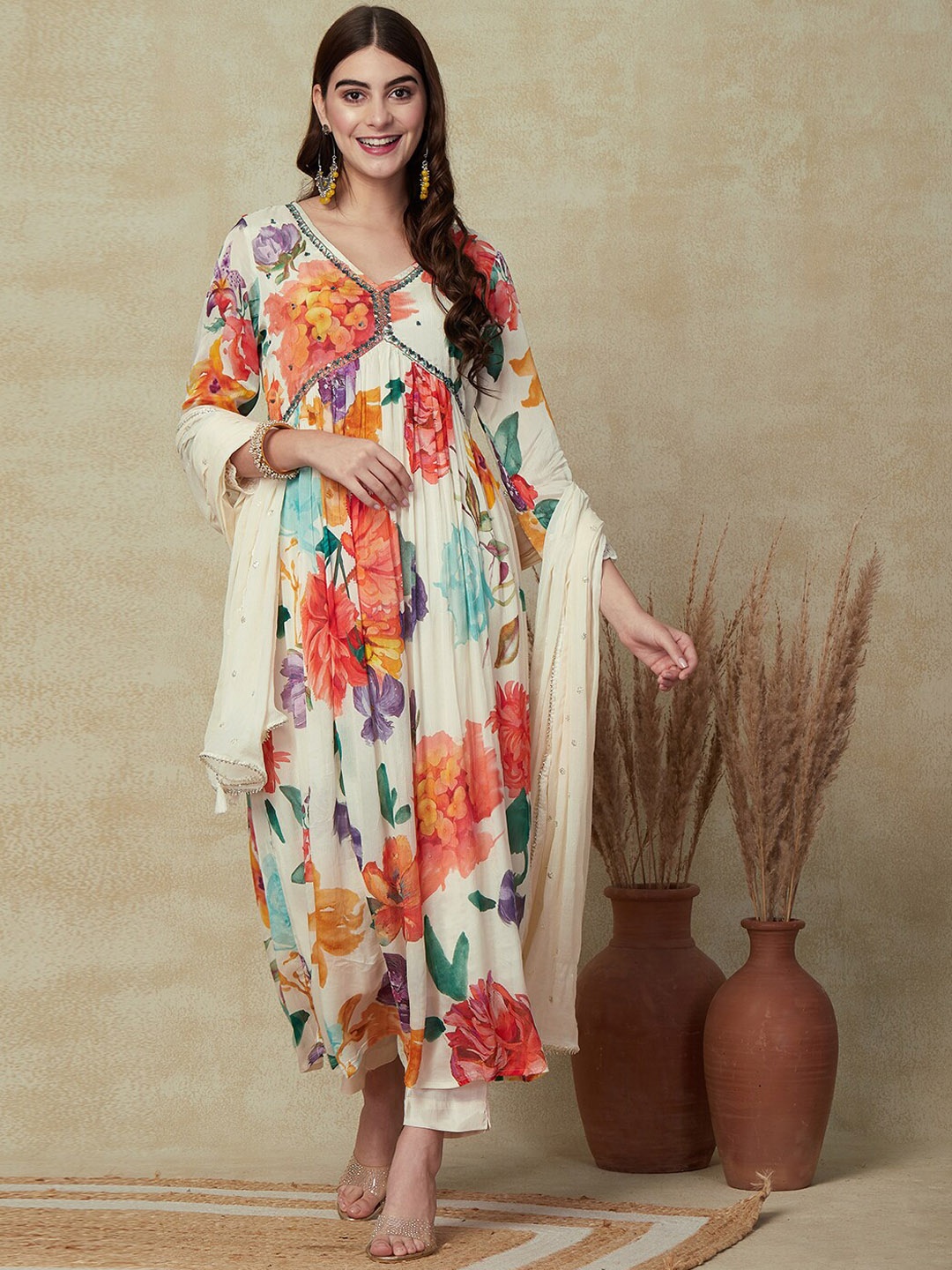 

FASHOR Floral Printed Pleated Sequinned Kurta With Trousers & Dupatta, Off white
