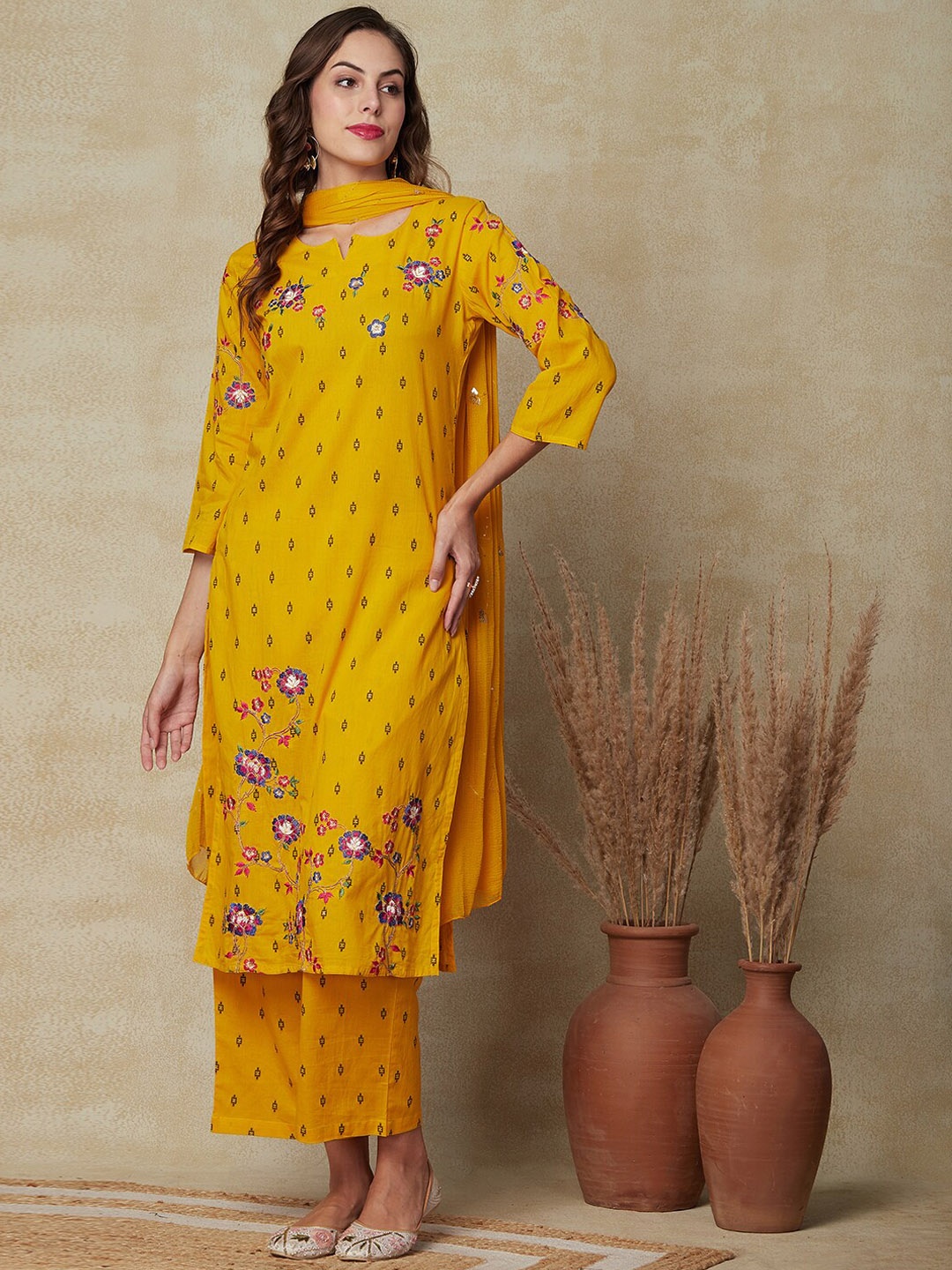 

FASHOR Yellow Floral Woven Design Thread Work Straight Kurta & Palazzos With Dupatta