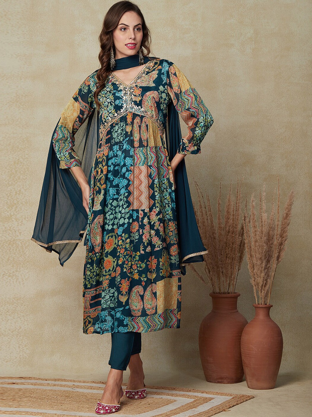

FASHOR Teal Ethnic Motifs Printed Thread Work A-Line Kurta & Trousers With Dupatta