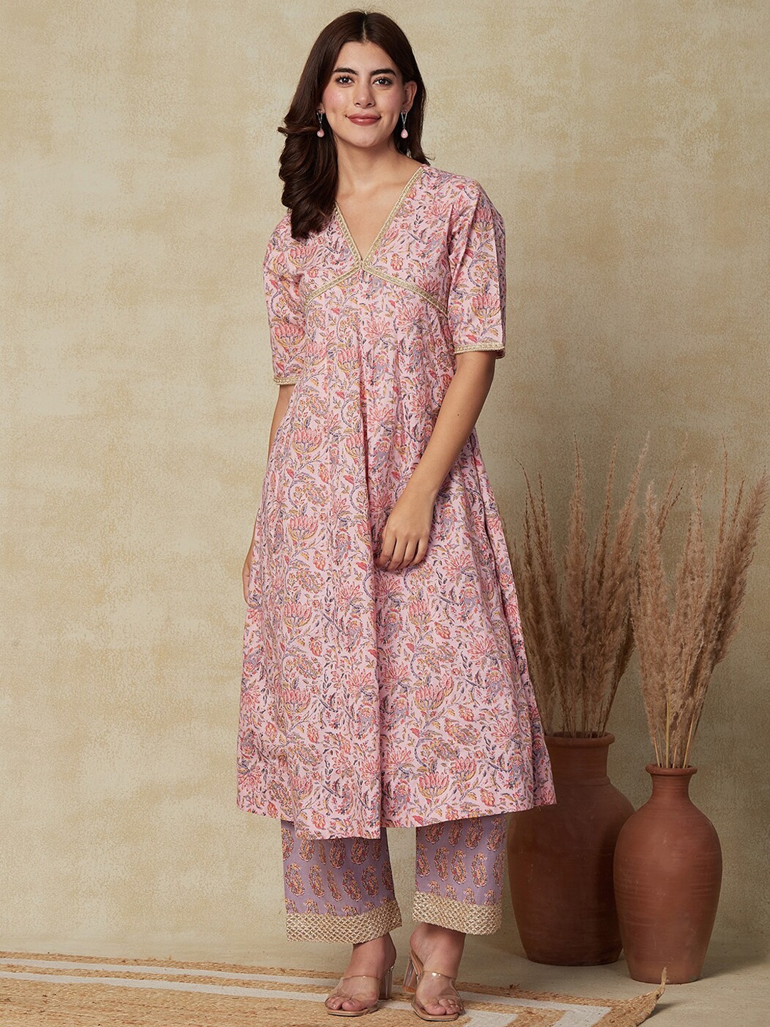 

FASHOR Floral Printed Empire Pure Cotton Kurta with Palazzos, Pink