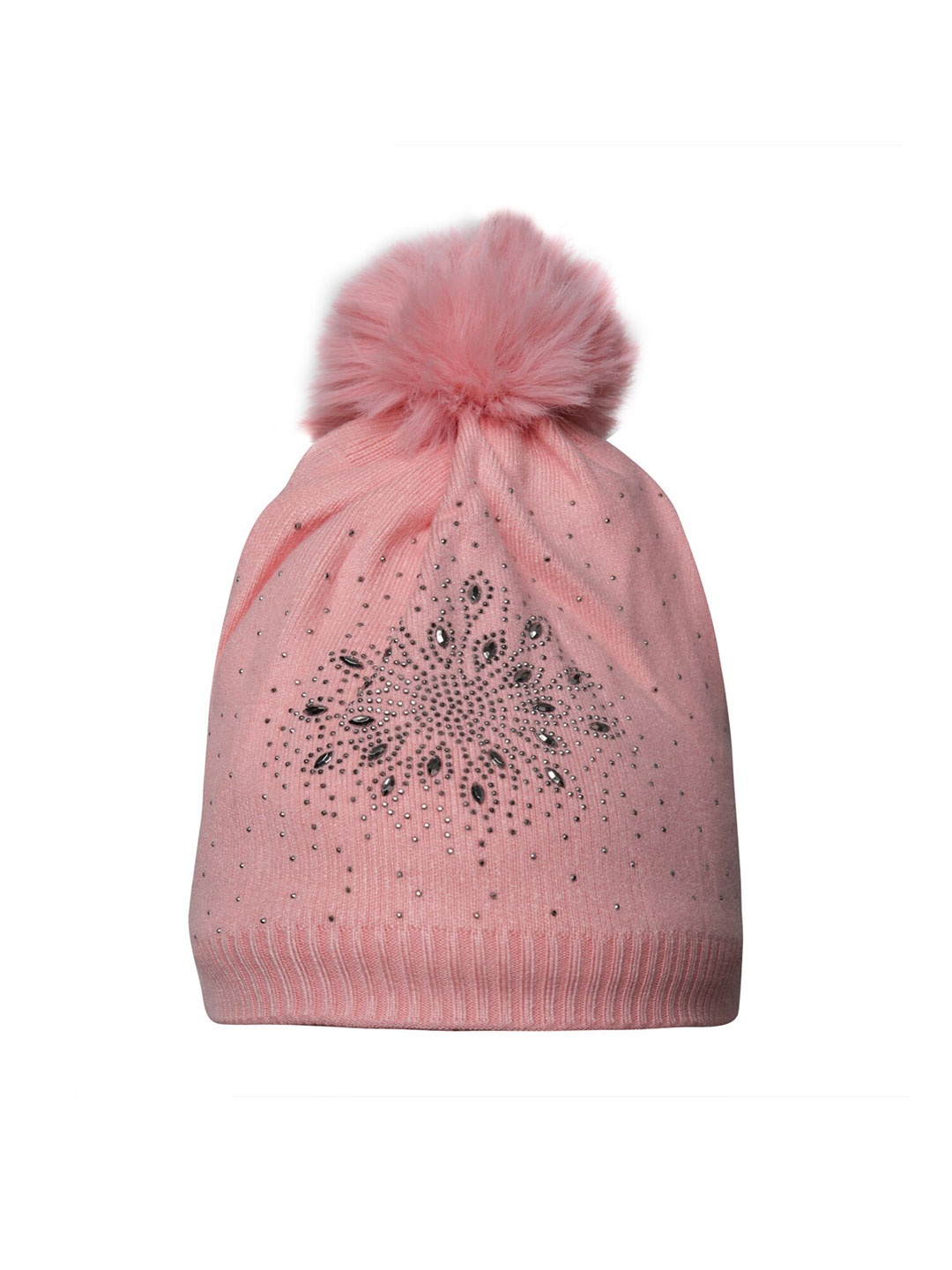 

LOOM LEGACY Women Embroidered Acrylic Woollen Beanie, Pink