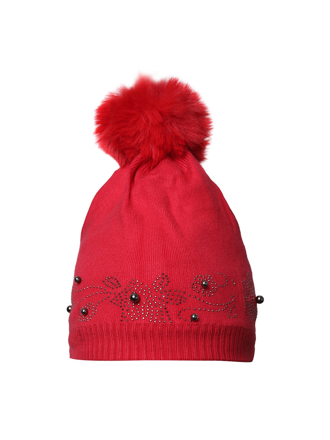 

LOOM LEGACY Women Embellished Acrylic Wool Beanie Cap, Red