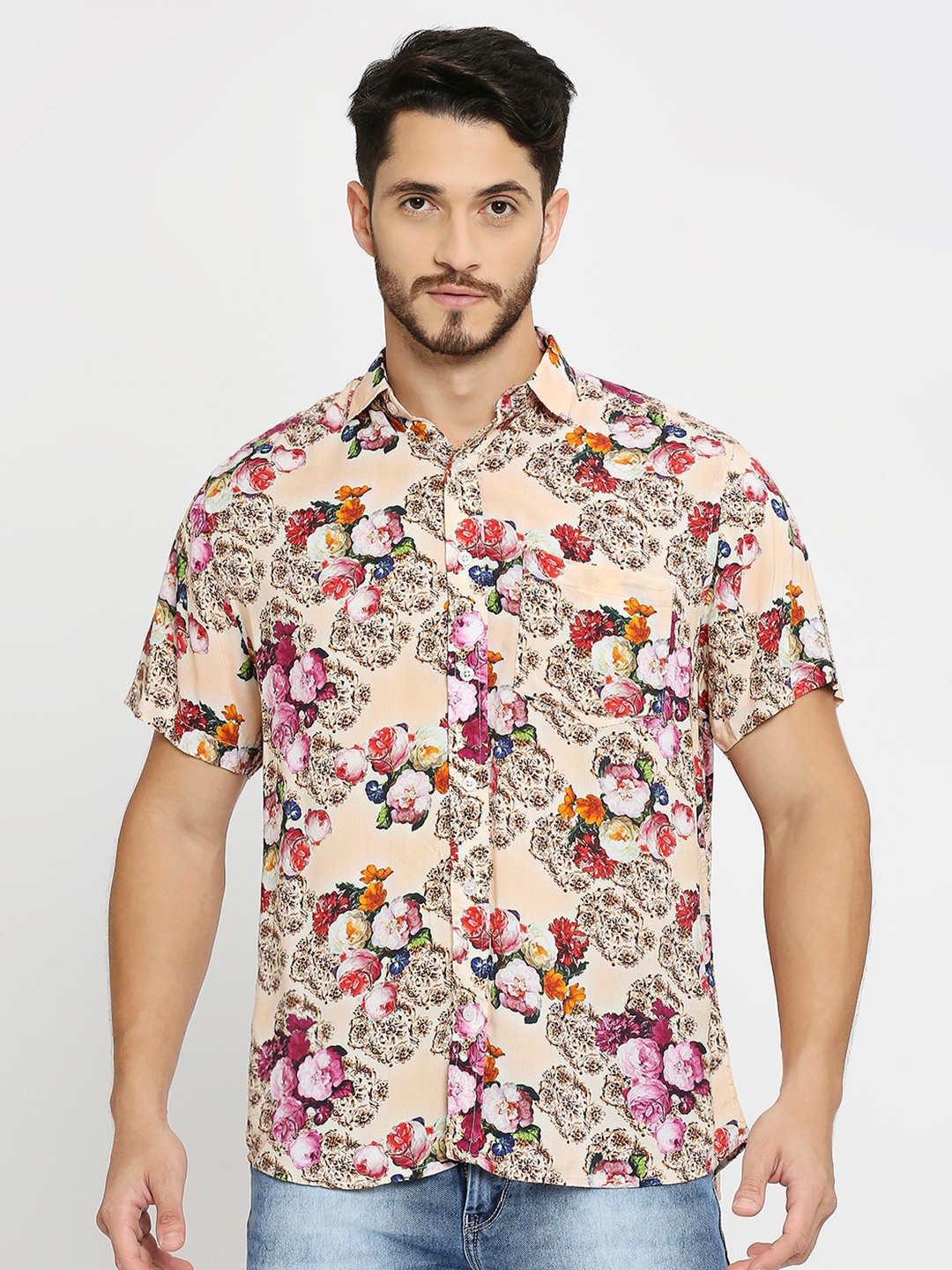 

MOD ECRU Floral Printed Comfort Boxy Casual Shirt, Peach