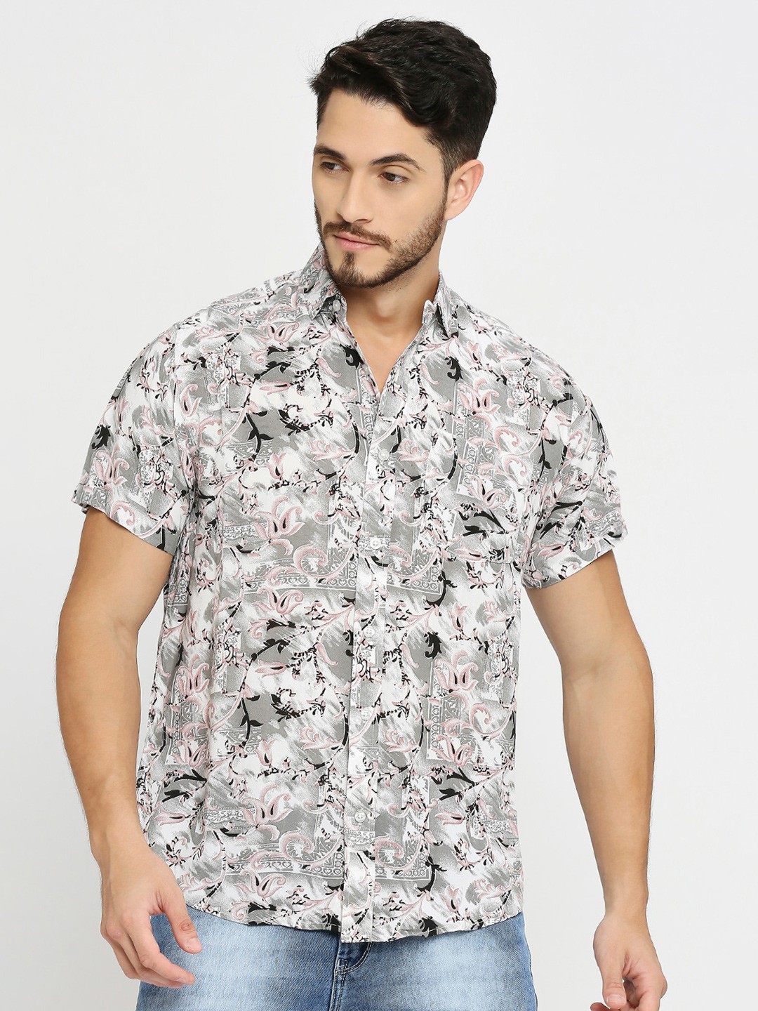 

MOD ECRU Floral Printed Comfort Boxy Casual Shirt, Grey