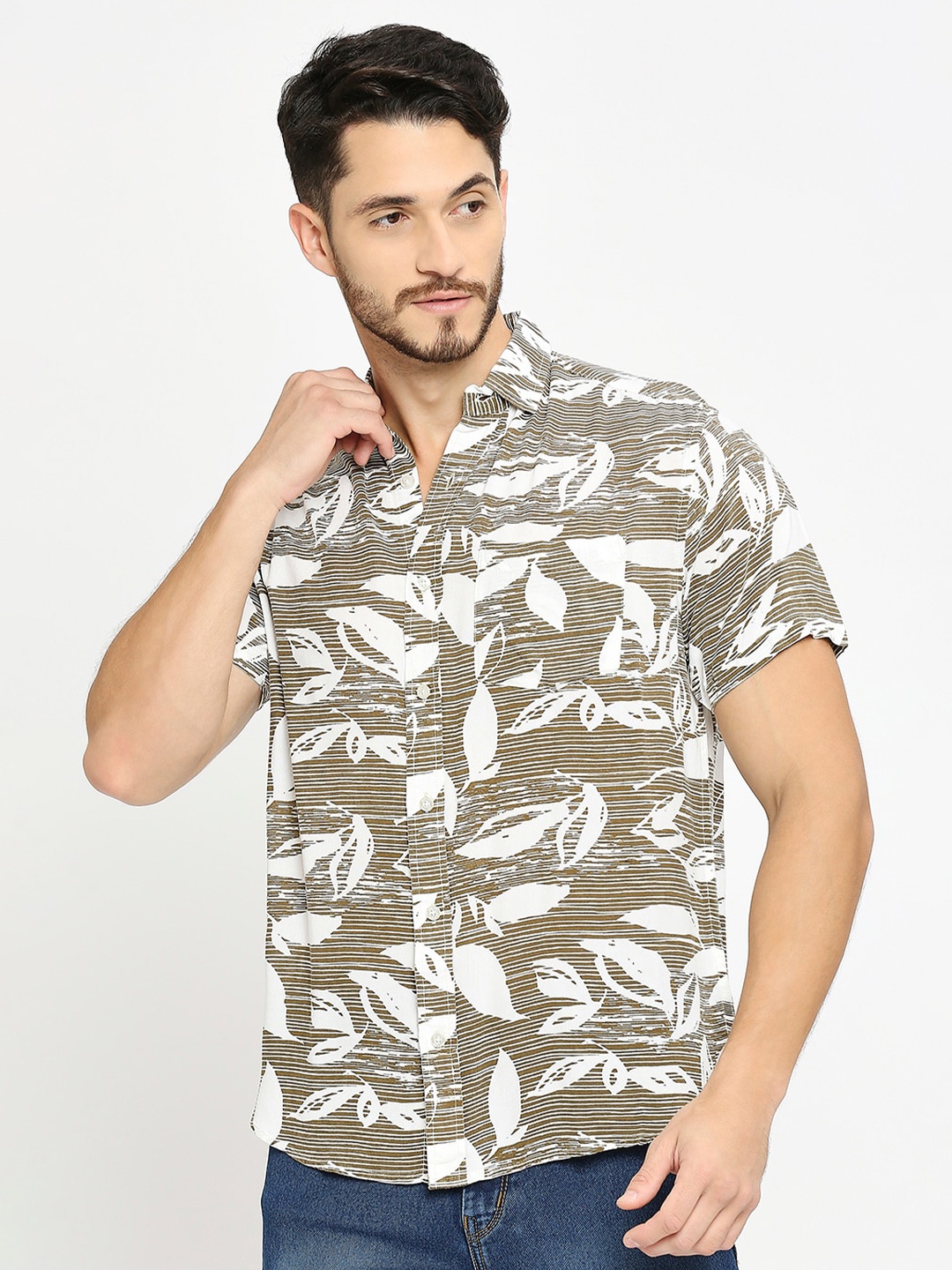 

MOD ECRU Floral Printed Comfort Boxy Casual Shirt, Brown