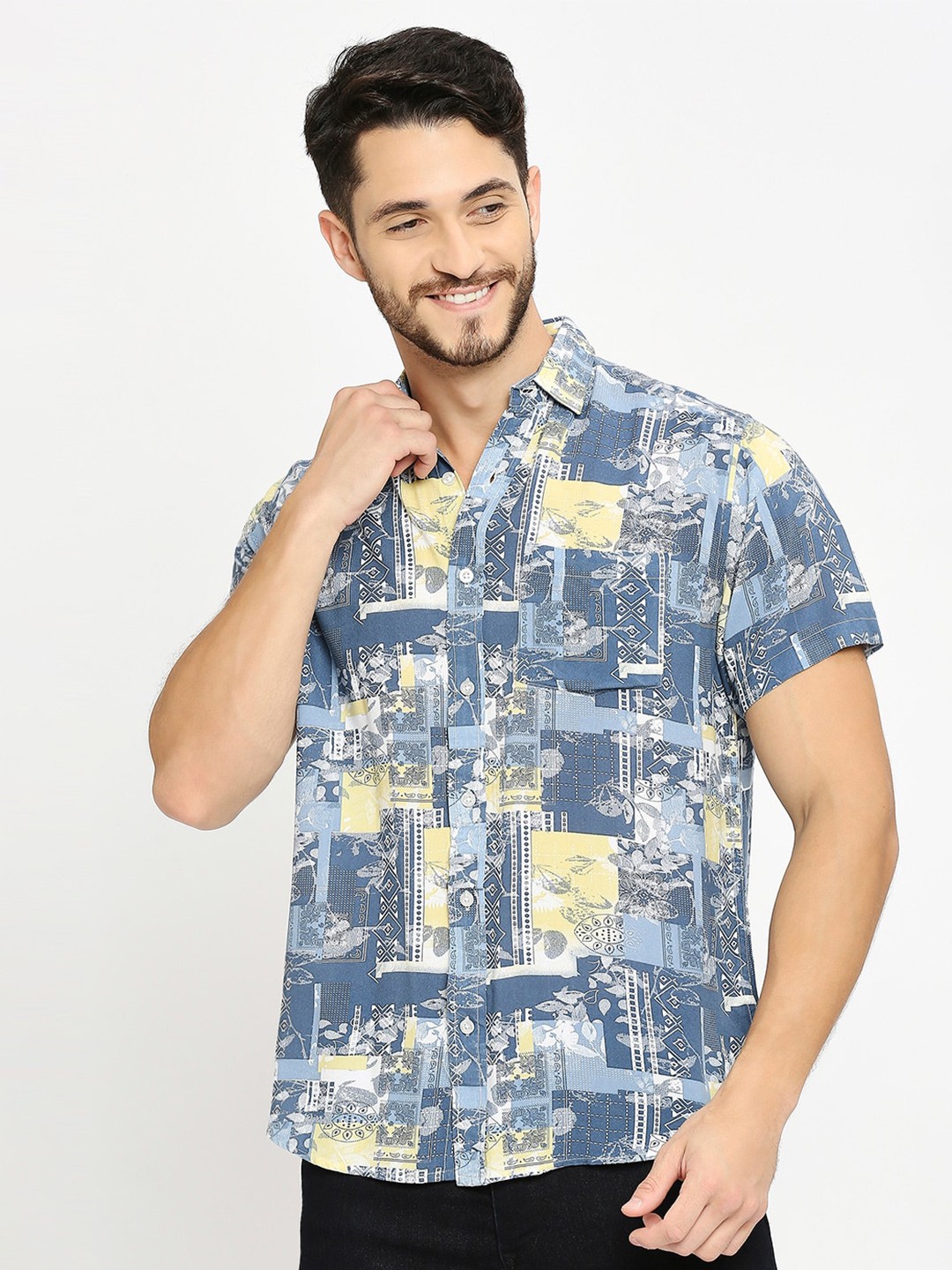 

MOD ECRU Geometric Printed Comfort Boxy Casual Shirt, Blue