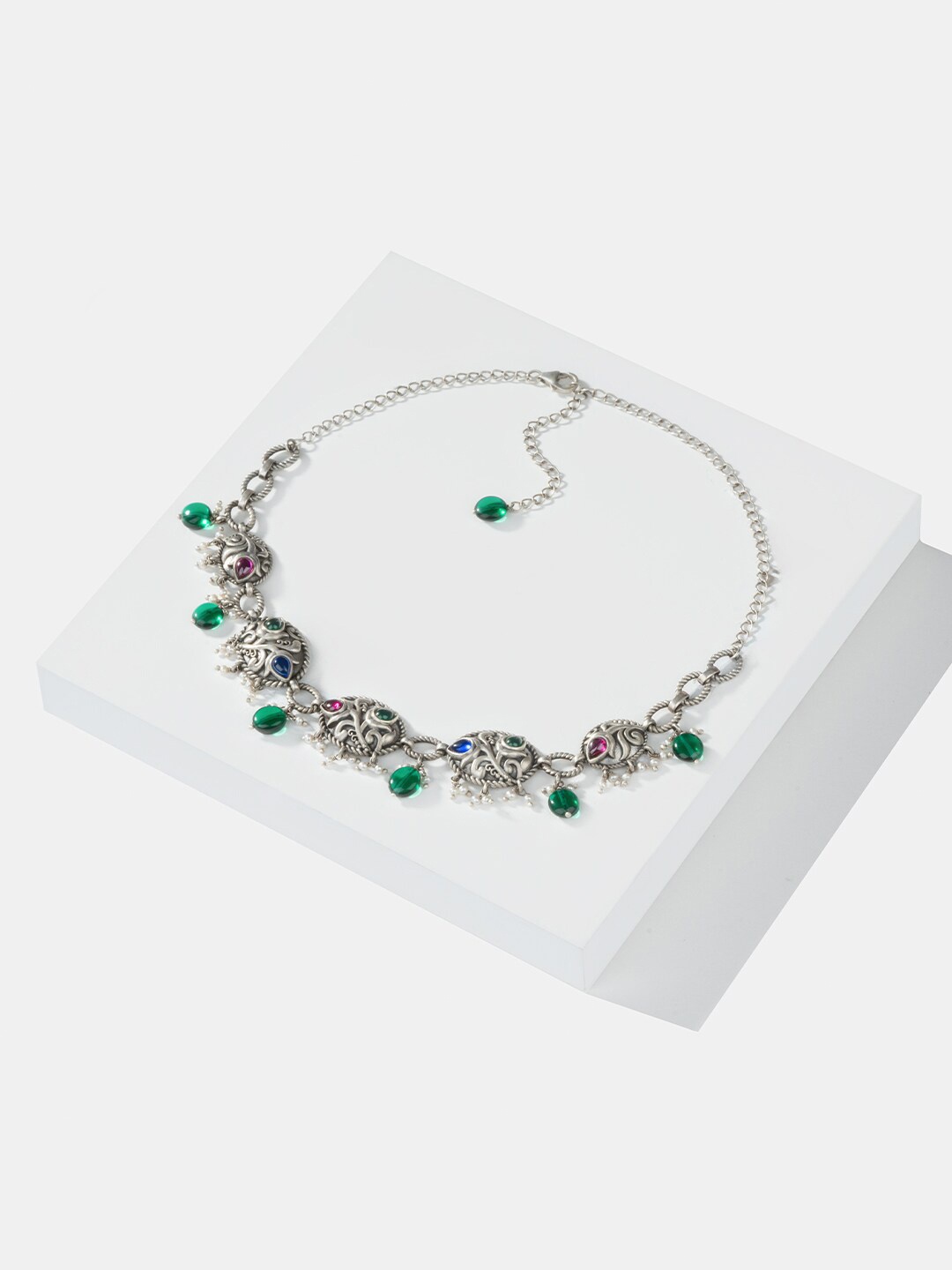 

SHAYA 925 Sterling Silver Artificial Stones and Beads Studded Oxidised Necklace