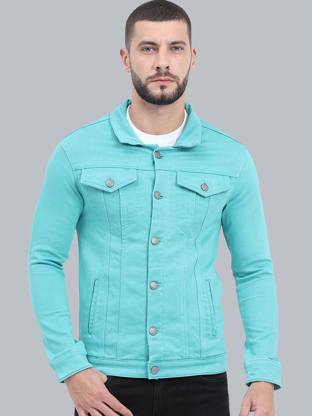 

CAZZBA Spread Collar Cotton Denim Jacket, Turquoise blue