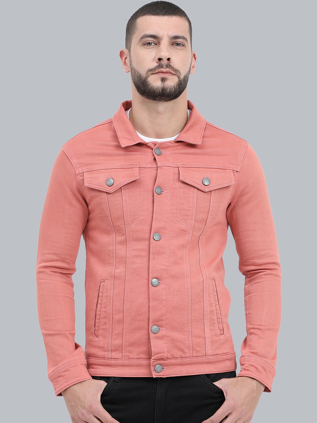 

CAZZBA Spread Collar Denim Jacket, Pink