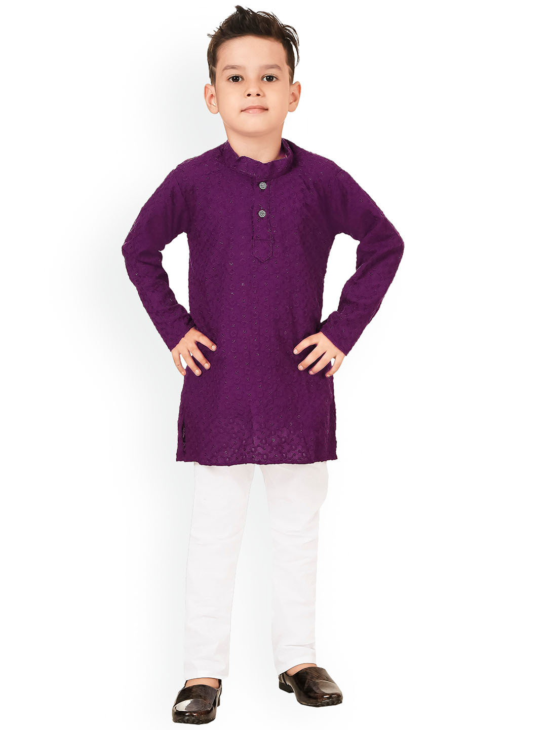

BAESD Boys Ethnic Motifs Embroidered Regular Chikankari Kurta With Pyjamas, Purple
