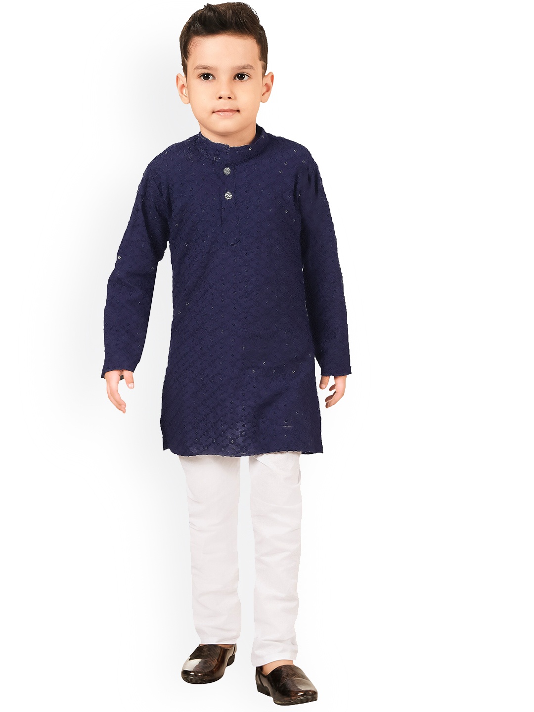 

BAESD Boys Ethnic Motifs Embroidered Regular Chikankari Kurta With Pyjamas, Navy blue