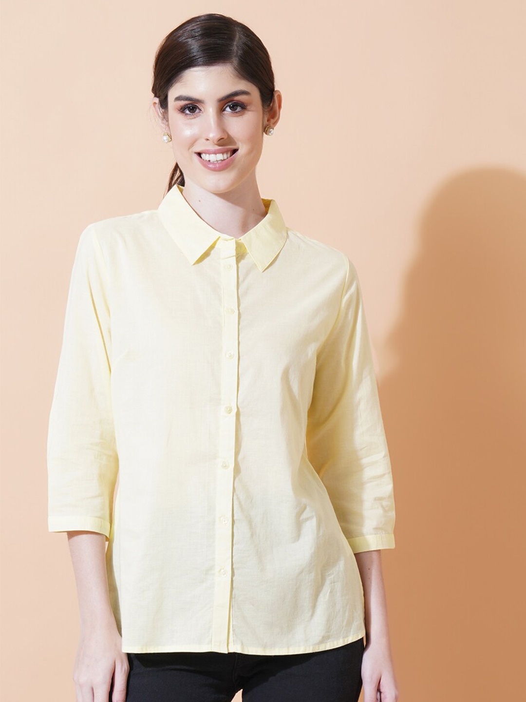 

IX IMPRESSION Shirt Collar Pure Cotton Shirt Style Top, Yellow