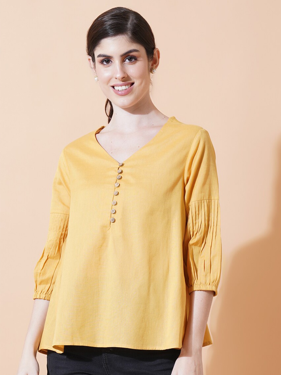 

IX IMPRESSION V-Neck Cotton Top, Yellow