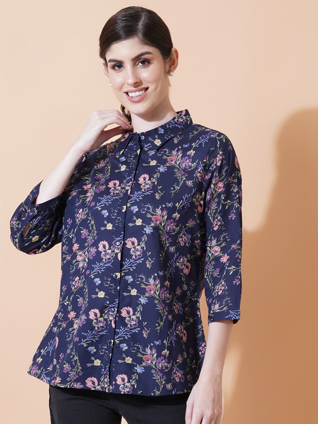 

IX IMPRESSION Floral Printed Pure Cotton Shirt Style Top, Navy blue