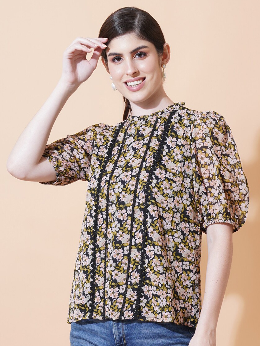 

IX IMPRESSION Floral Printed Puff Sleeve Lace Insert Top, Olive