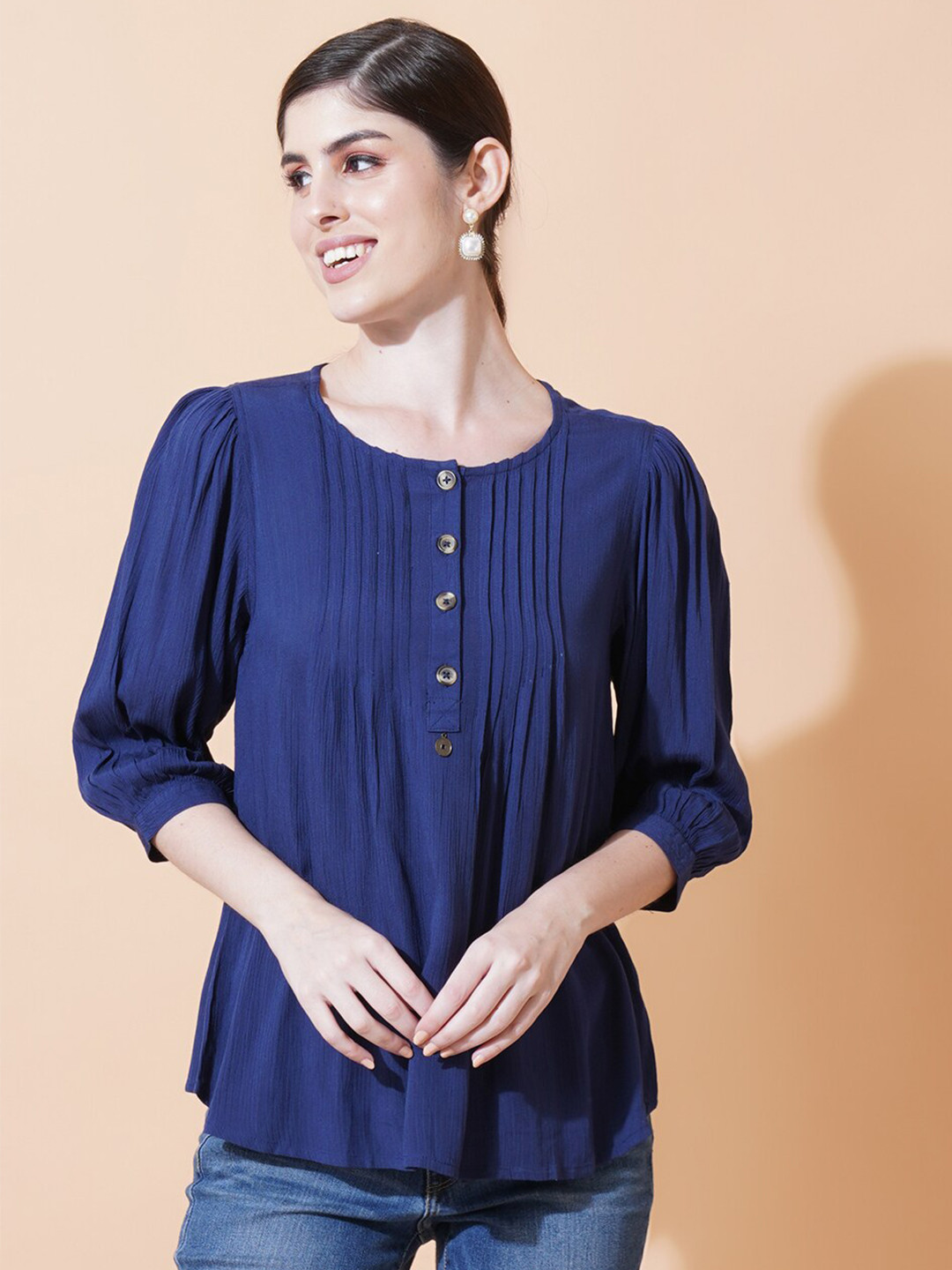 

IX IMPRESSION Puff Sleeves Pleated Crepe Top, Blue