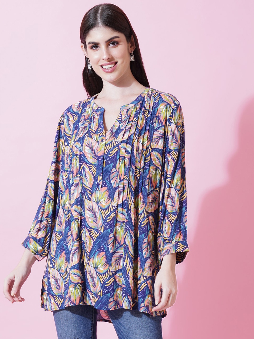 

IX IMPRESSION Floral Print Mandarin Collar Gathered or Pleated Top, Navy blue