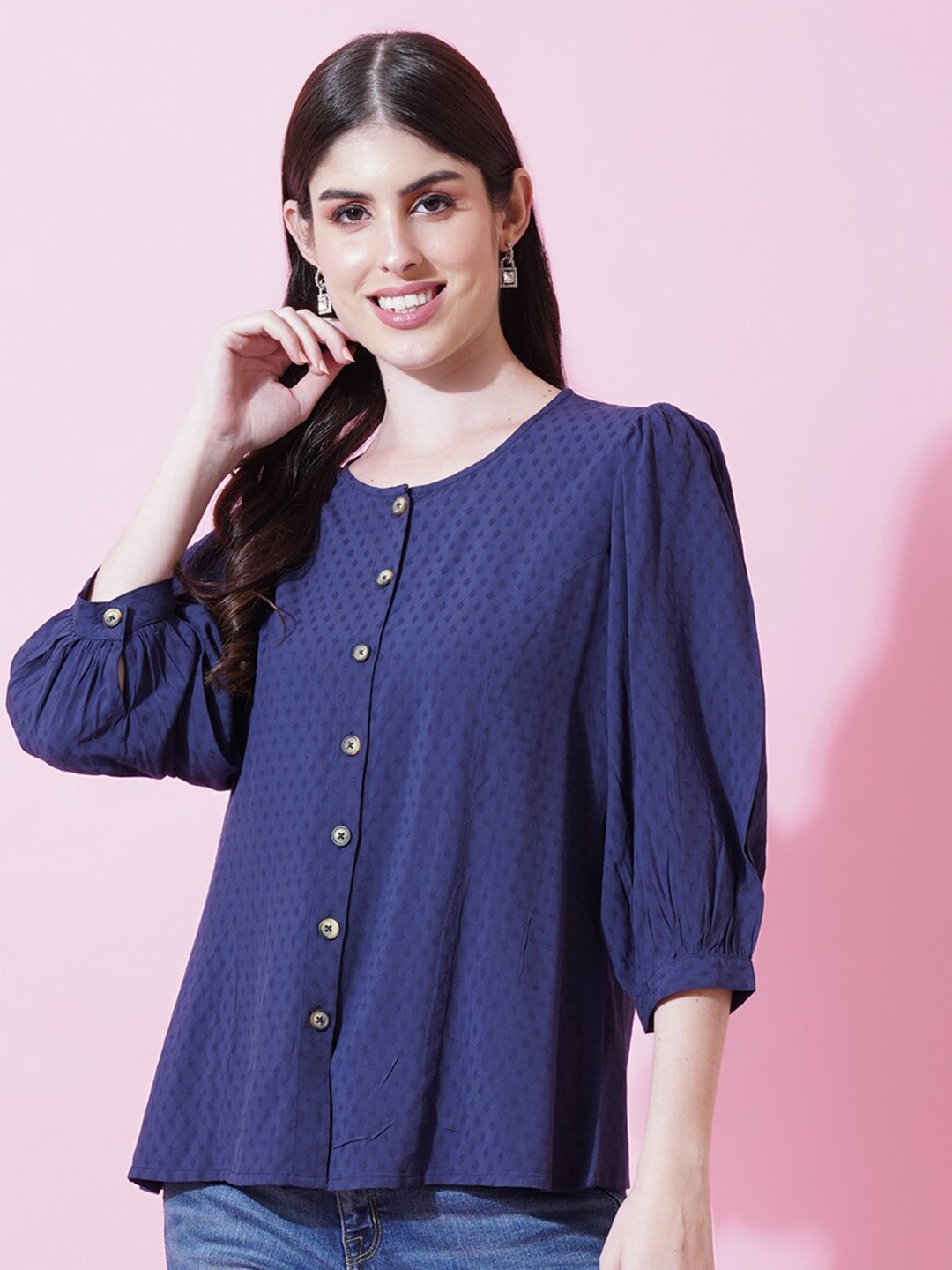 

IX IMPRESSION Self Design Round Neck Cuffed Sleeve Shirt Style Top, Navy blue