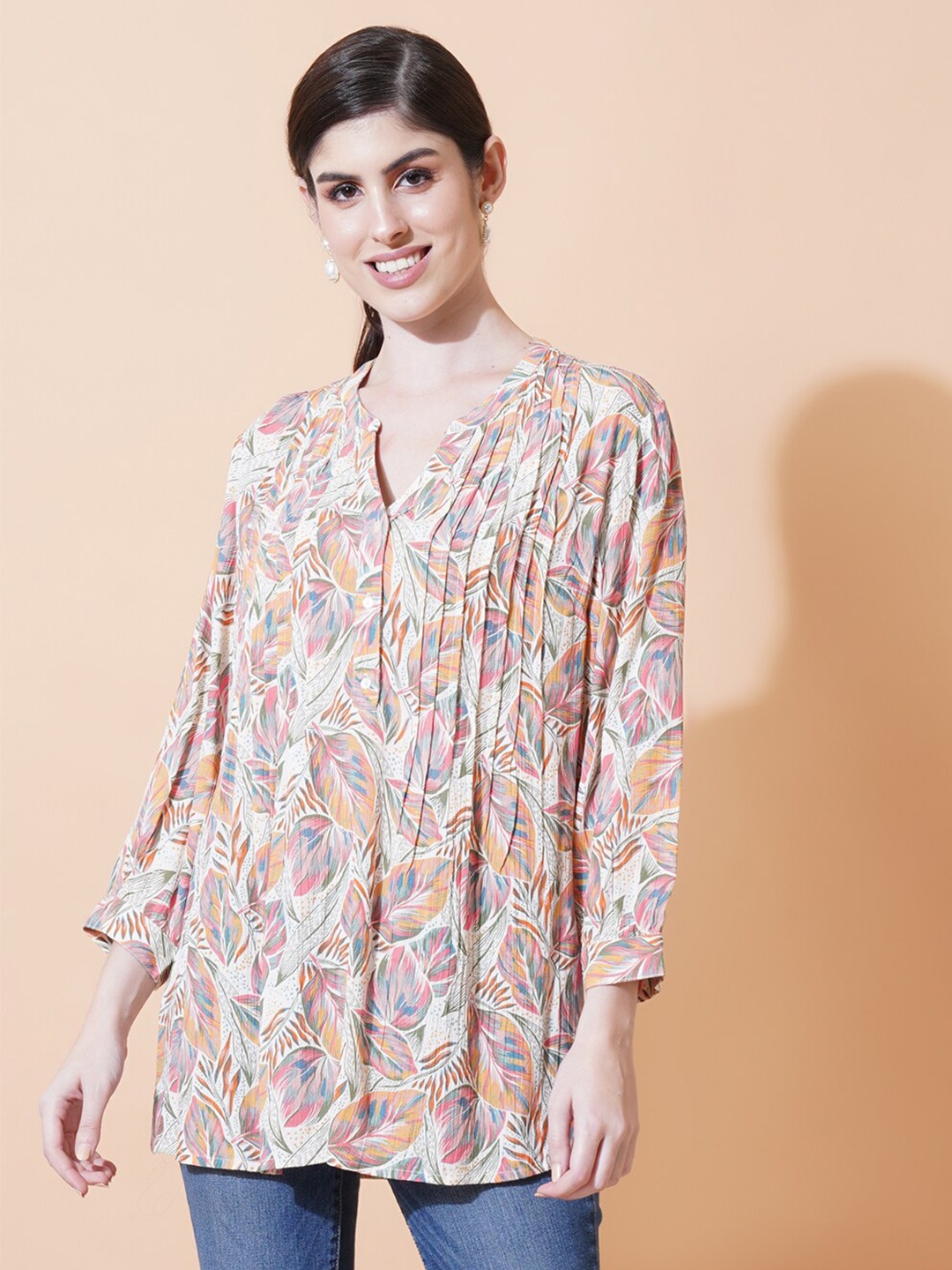 

IX IMPRESSION Floral Print Mandarin Collar Gathered or Pleated Top, Pink