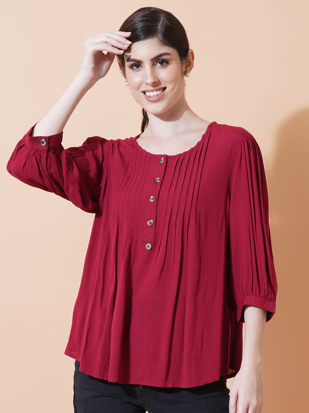 

IX IMPRESSION Round Neck Cuffed Sleeve A-Line Pleated Crepe Top, Maroon