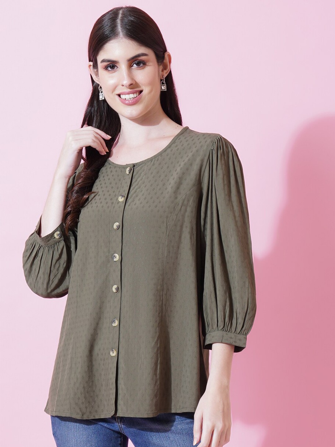 

IX IMPRESSION Self Design Round Neck Puff Sleeve Shirt Style Top, Olive