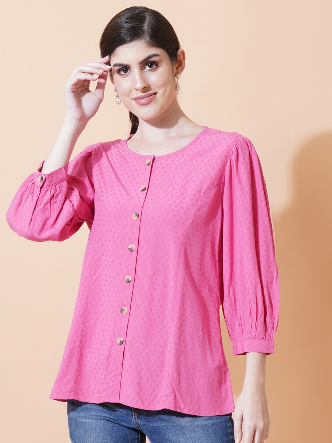 

IX IMPRESSION Self Design Puff Sleeves Dobby Shirt Style Top, Magenta