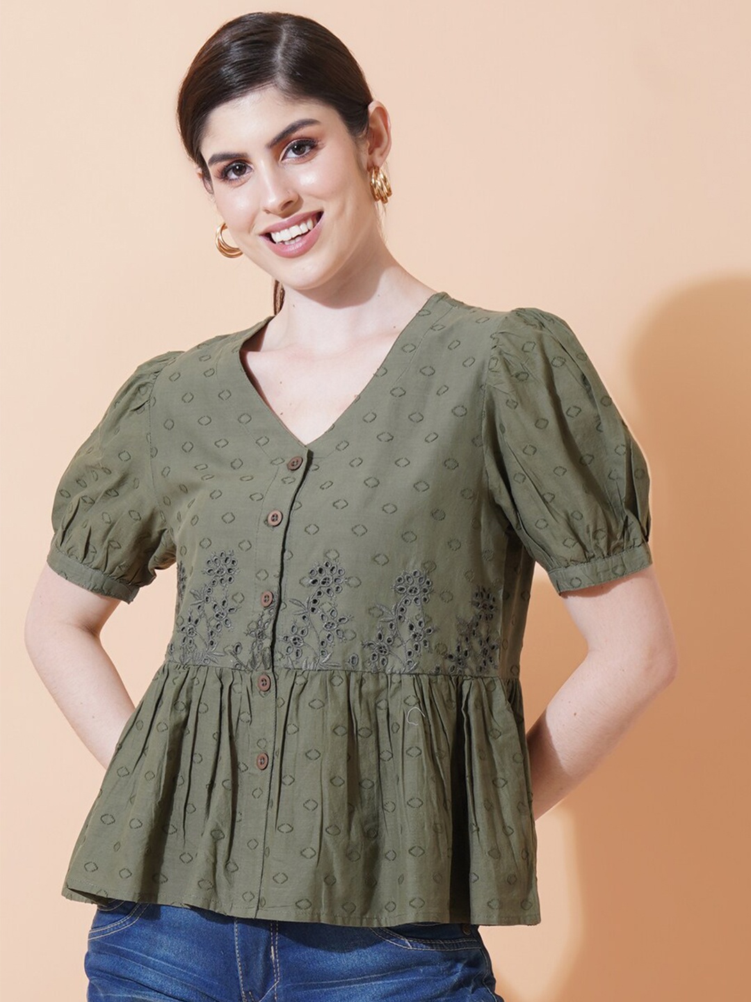 

IX IMPRESSION Self Design Puff Sleeves Dobby Pure Cotton Peplum Top, Olive