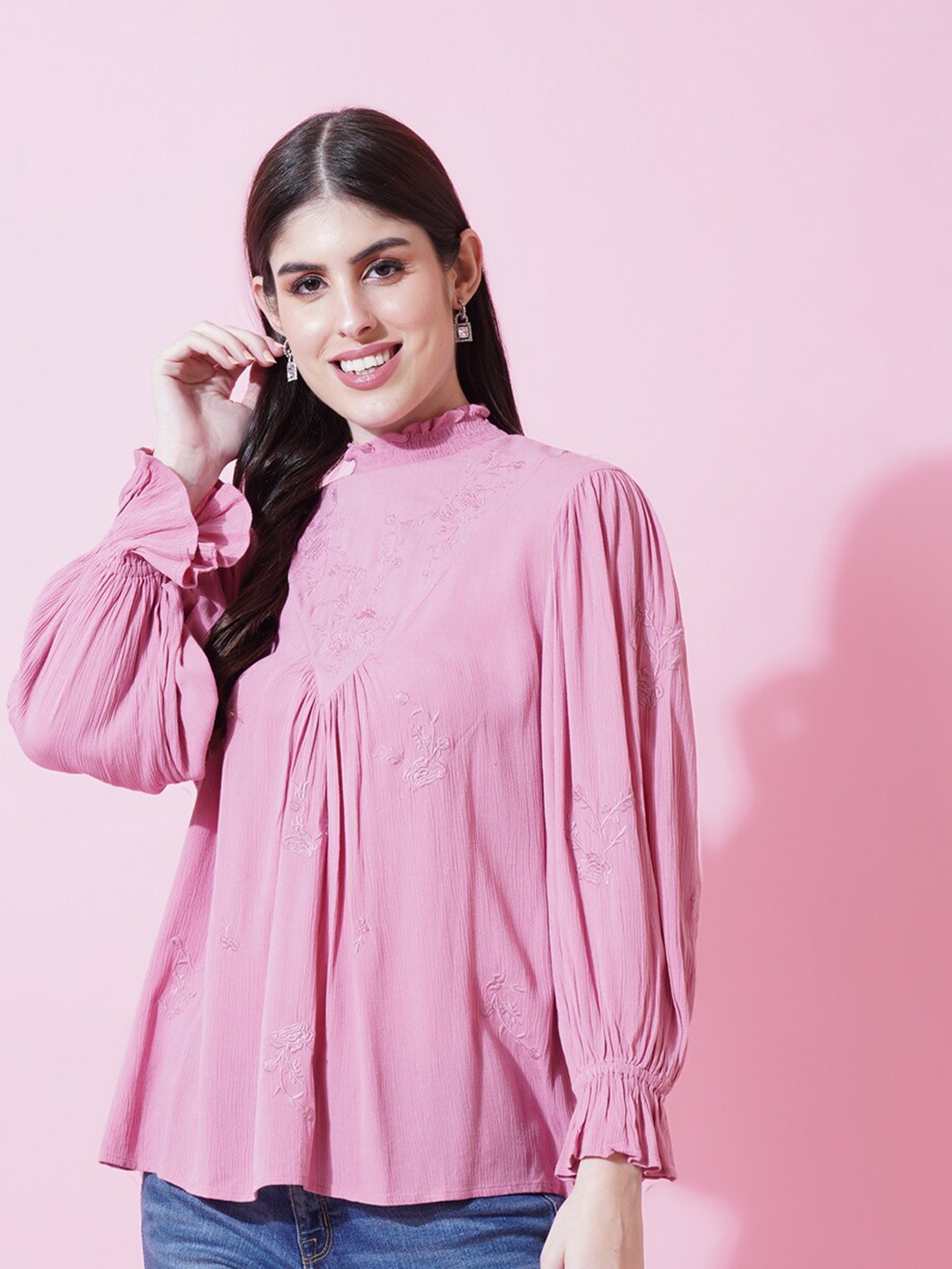 

IX IMPRESSION Embroidered Cuffed Sleeves Crepe A-line Top, Pink