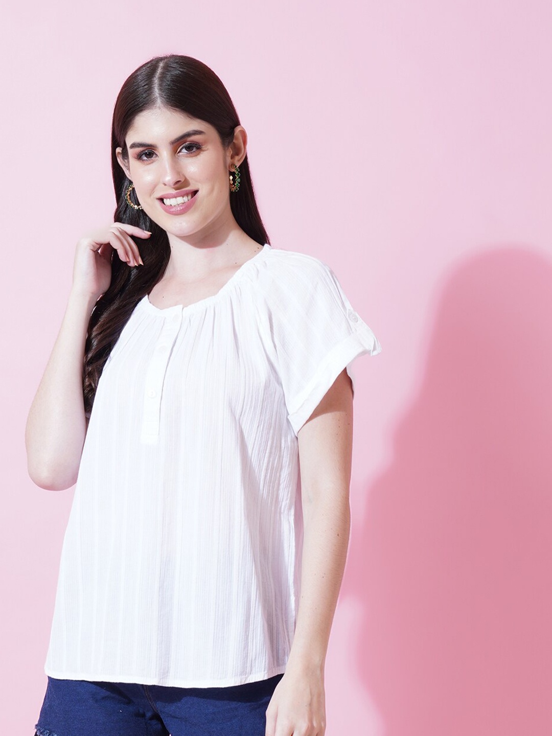 

IX IMPRESSION Striped Cotton Extended Sleeves Top, White