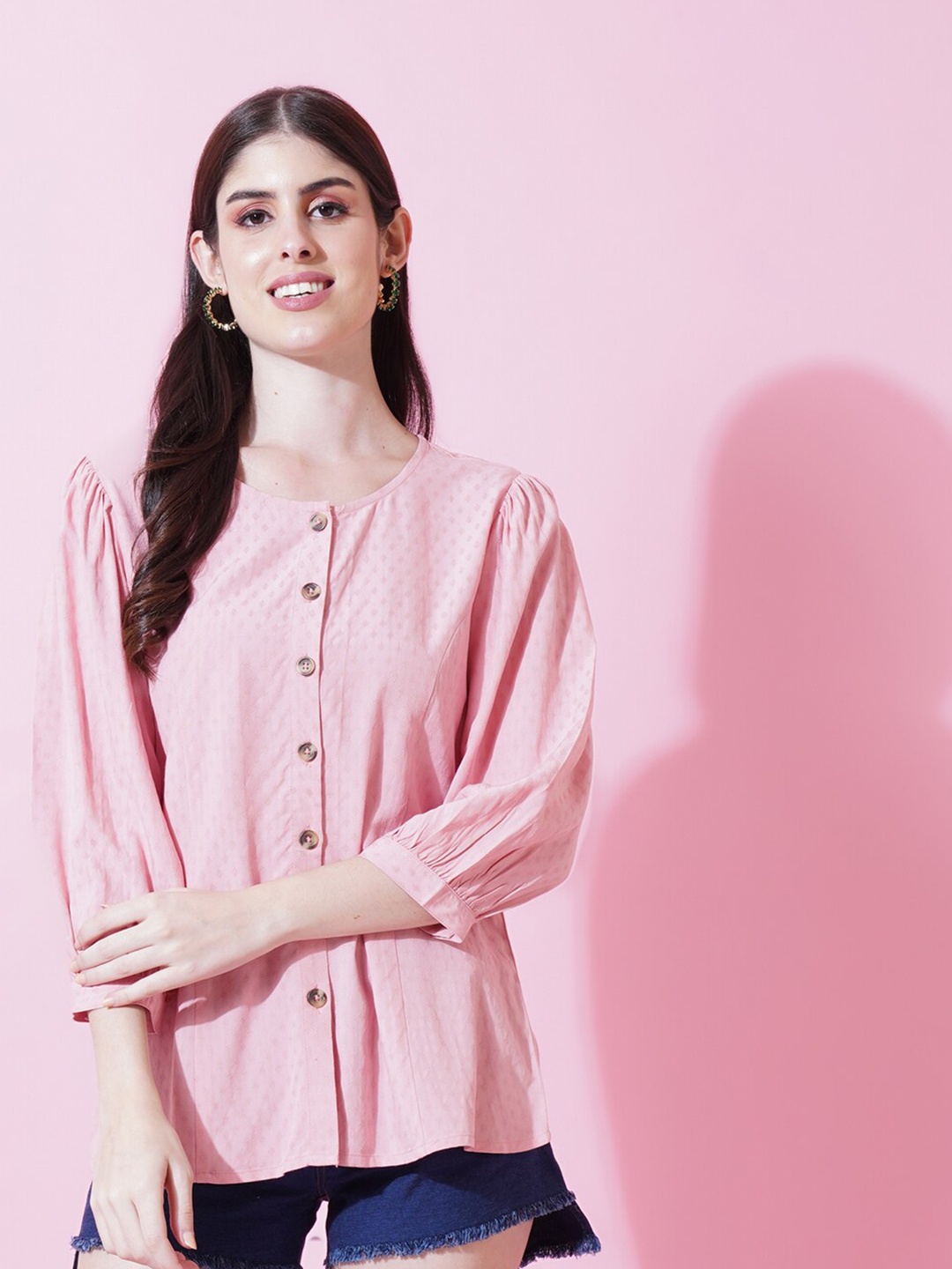 

IX IMPRESSION Ethnic Motifs Printed Shirt Style Top, Pink