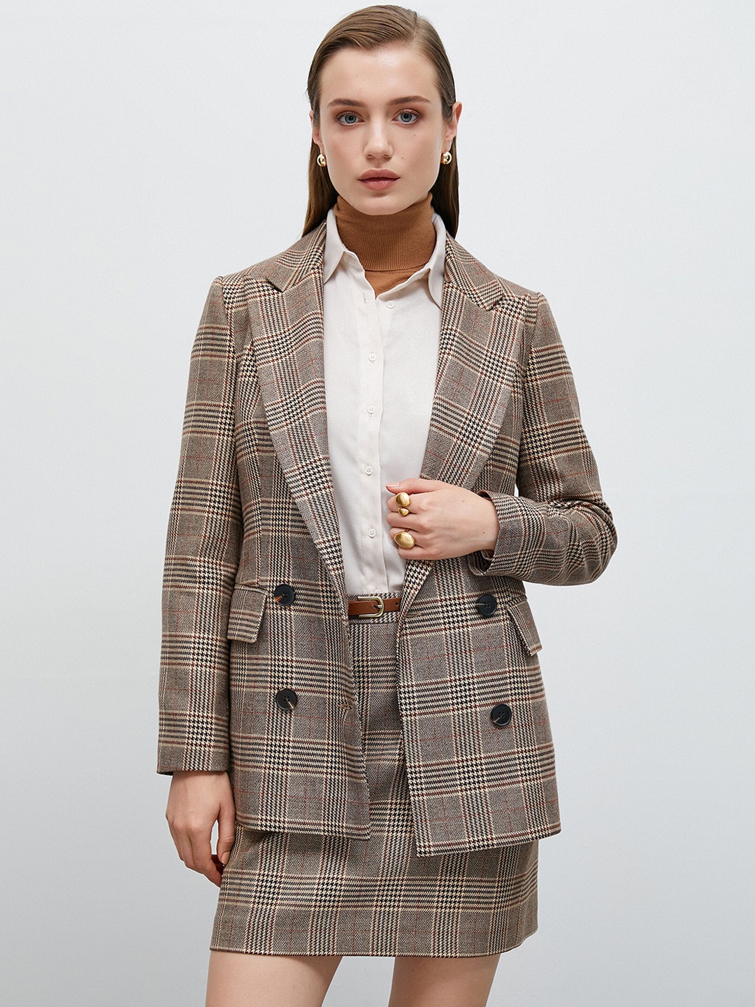

Koton Checked Peaked Lapel Long Sleeves Double-Breasted Blazer, Brown