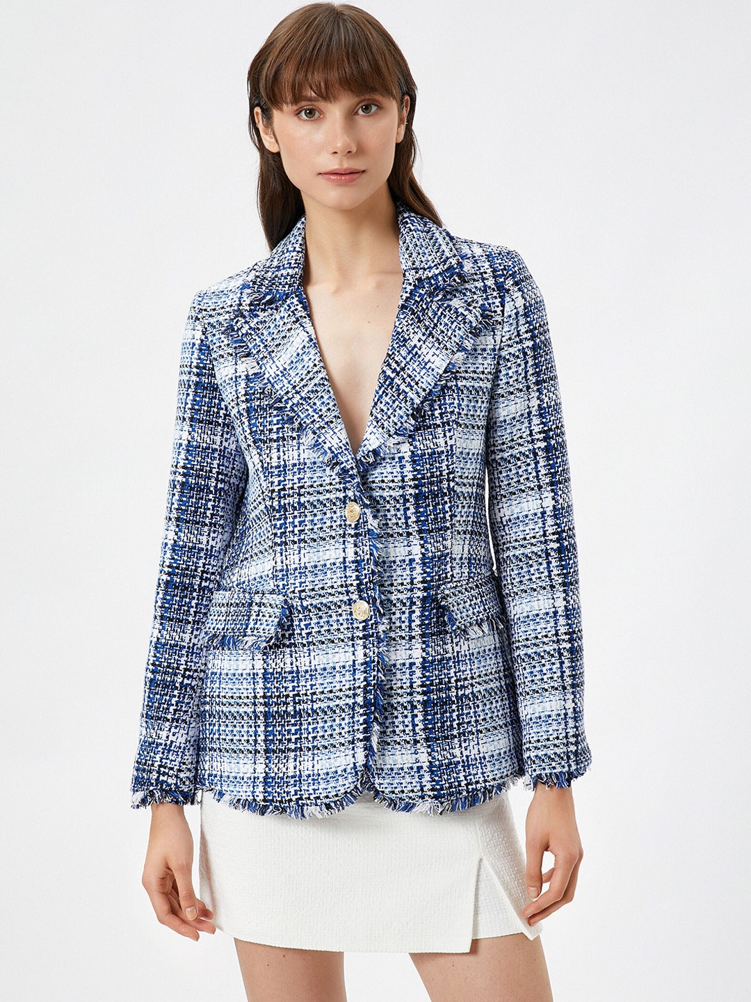 

Koton Checked Notched Lapel Long Sleeves Single-Breasted Blazer, Blue