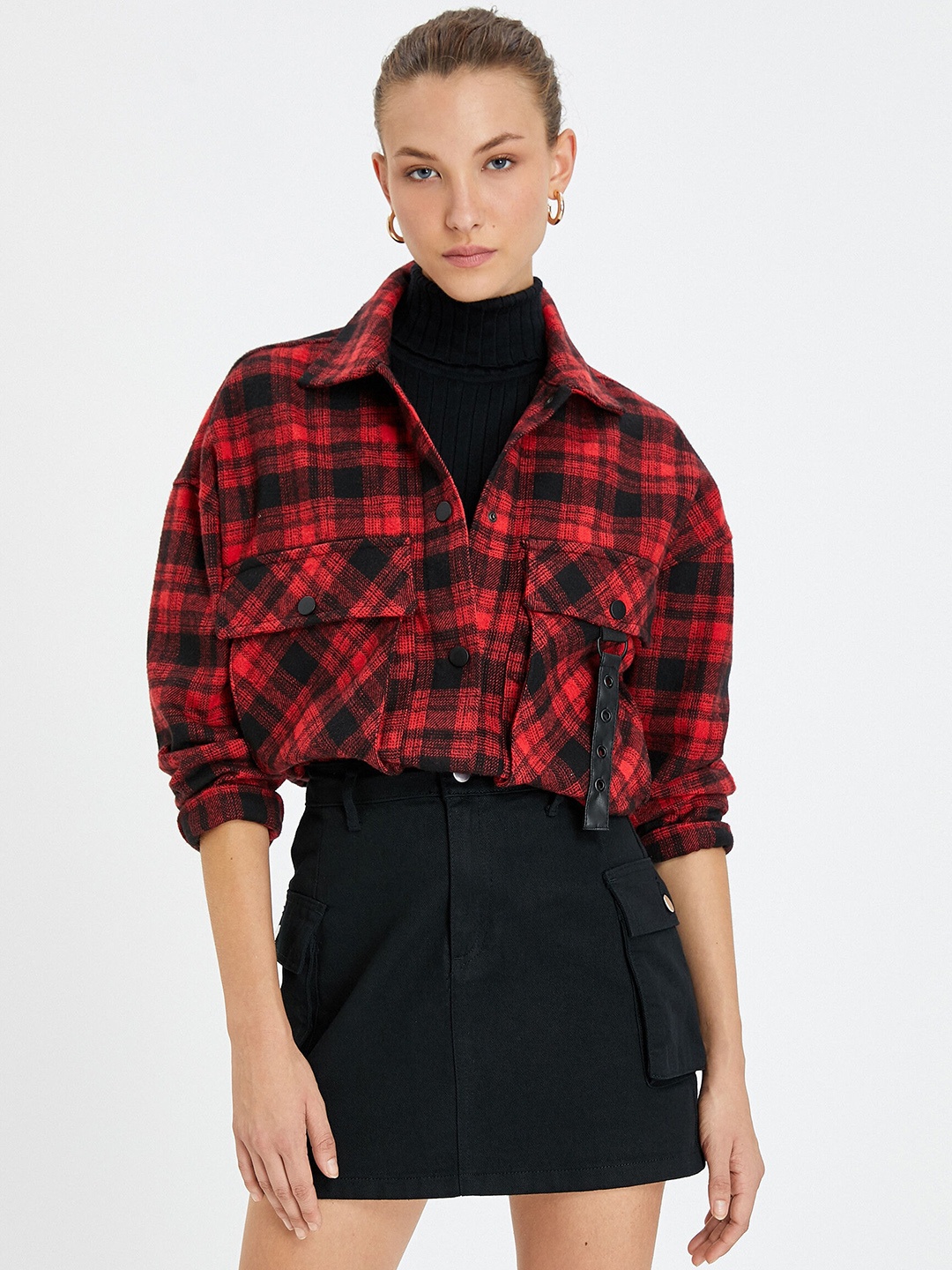 

Koton Tartan Checks Spread Collar Long Sleeves Casual Shacket, Red